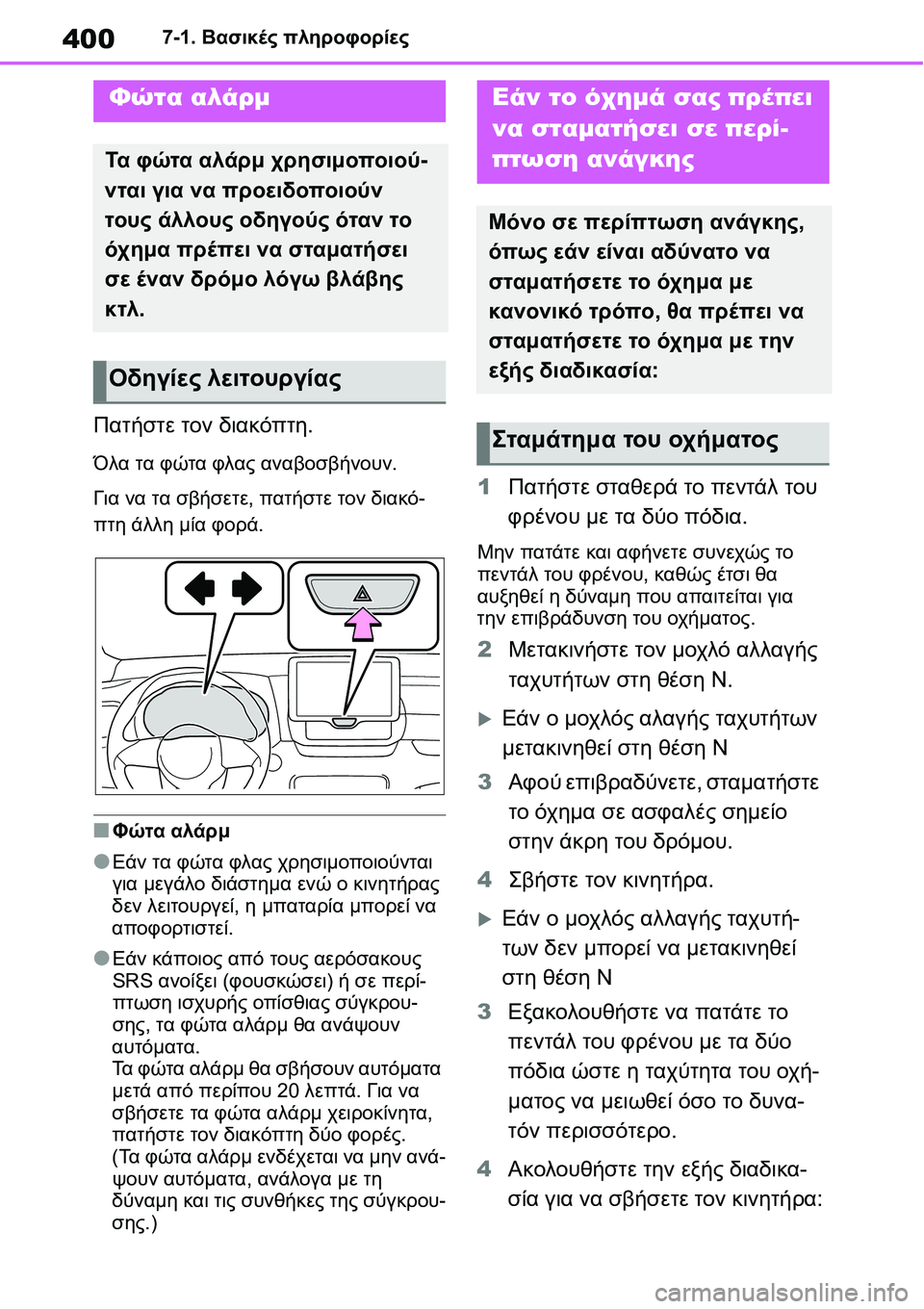 TOYOTA YARIS 2021 ΟΔΗΓΌΣ ΧΡΉΣΗΣ (in Greek) 4007-1. Βασικές πληροφορίες
7-1.Βασικές πληροφορίες
Πατήστε τον διακόπτη.
Όλα τα φώτα φλας αναβοσβήνουν.
Για να τα TOYOTA YARIS 2021 ΟΔΗΓΌΣ ΧΡΉΣΗΣ (in Greek) 4007-1. Βασικές πληροφορίες
7-1.Βασικές πληροφορίες
Πατήστε τον διακόπτη.
Όλα τα φώτα φλας αναβοσβήνουν.
Για να τα