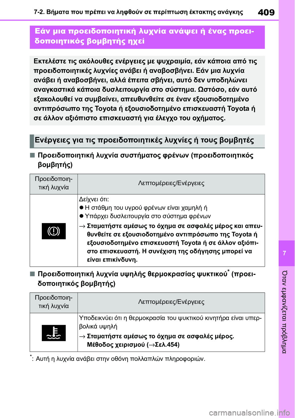 TOYOTA YARIS 2021 ΟΔΗΓΌΣ ΧΡΉΣΗΣ (in Greek) 409
7 7-2. Βήματα που πρέπει να ληφθούν σε περίπτωση έκτακτης ανάγκης
Όταν εμφανίζεται πρόβλημα
■Προειδοποιητικ TOYOTA YARIS 2021 ΟΔΗΓΌΣ ΧΡΉΣΗΣ (in Greek) 409
7 7-2. Βήματα που πρέπει να ληφθούν σε περίπτωση έκτακτης ανάγκης
Όταν εμφανίζεται πρόβλημα
■Προειδοποιητικ