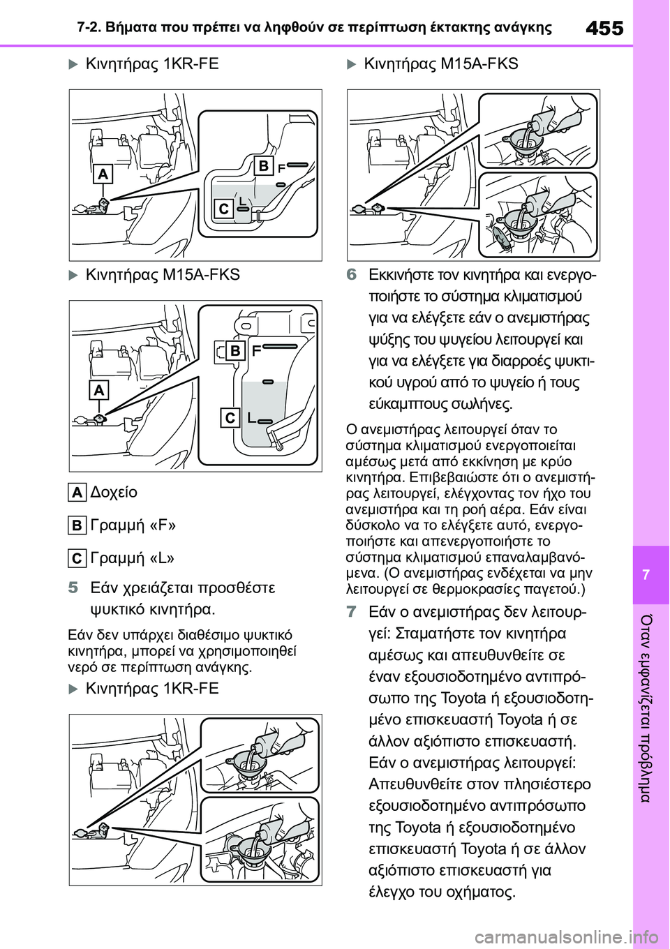 TOYOTA YARIS 2021  ΟΔΗΓΌΣ ΧΡΉΣΗΣ (in Greek) 455
7 7-2. Βήματα που πρέπει να ληφθούν σε περίπτωση έκτακτης ανάγκης
Όταν εμφανίζεται πρόβλημα
�XΚινητήρας 1KR-FE
�X