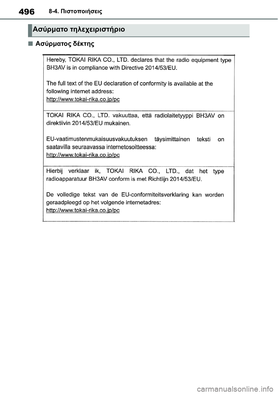 TOYOTA YARIS 2021  ΟΔΗΓΌΣ ΧΡΉΣΗΣ (in Greek) 4968-4. Πιστοποιήσεις
■Ασύρματος δέκτης
Ασύρματο τηλεχειριστήριο 