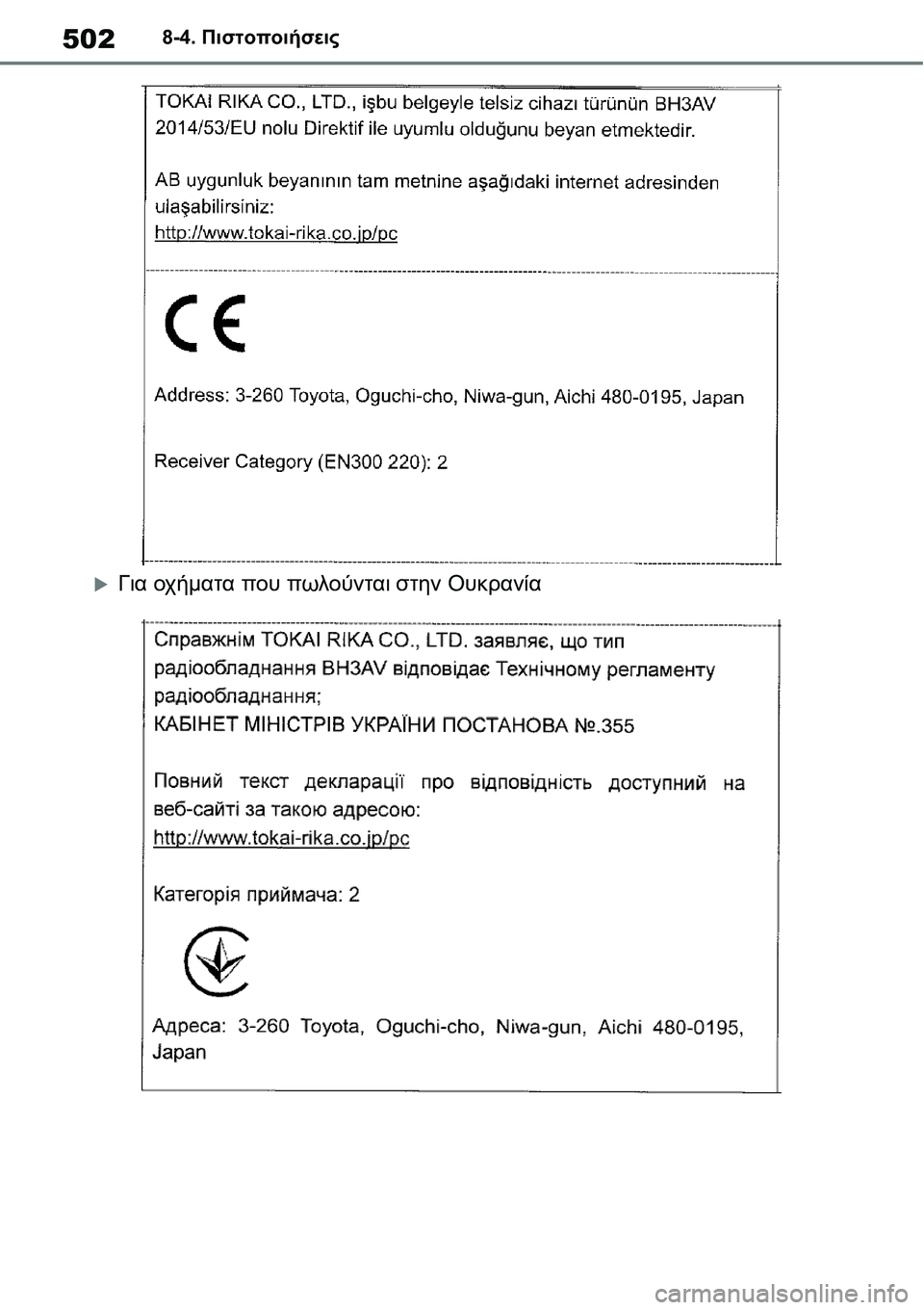 TOYOTA YARIS 2021  ΟΔΗΓΌΣ ΧΡΉΣΗΣ (in Greek) 5028-4. Πιστοποιήσεις
�XΓια οχήματα που πωλούνται στην Ουκρανία 