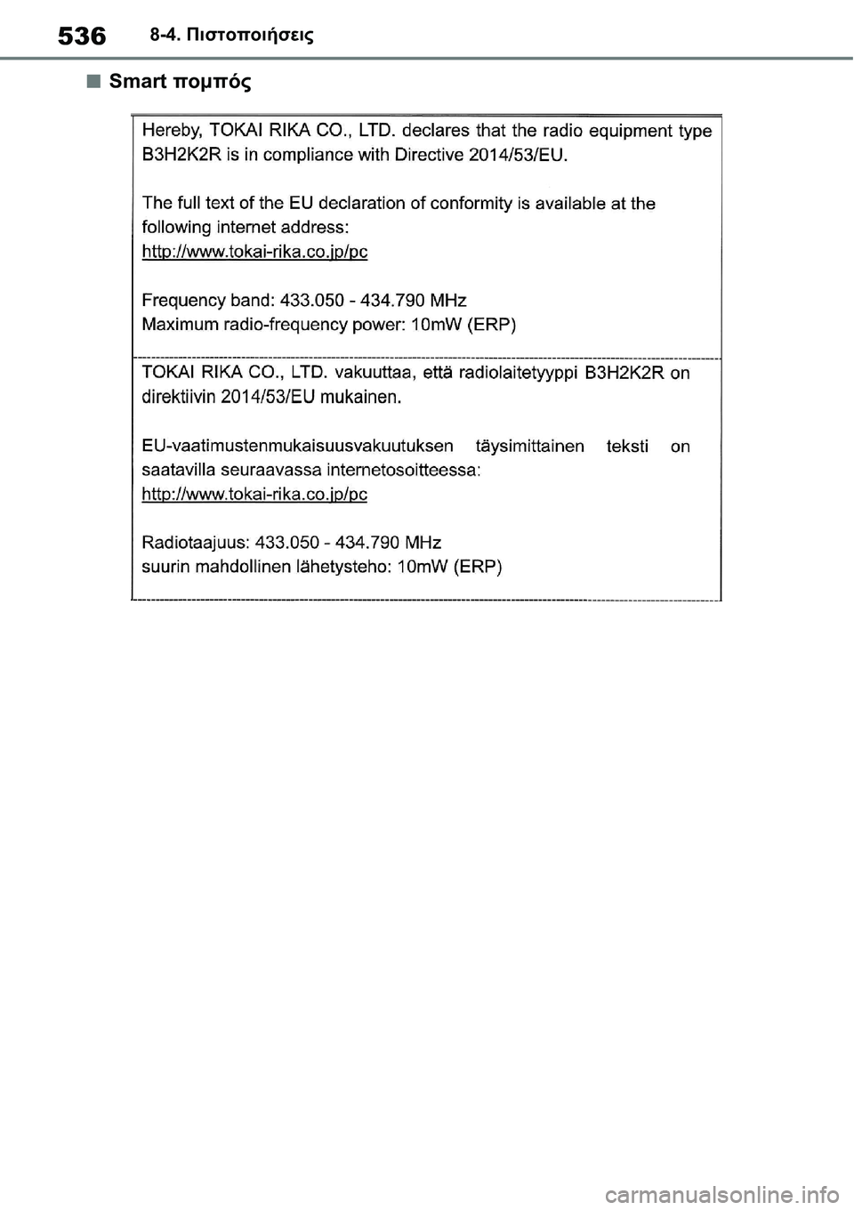 TOYOTA YARIS 2021  ΟΔΗΓΌΣ ΧΡΉΣΗΣ (in Greek) 5368-4. Πιστοποιήσεις
■Smart πομπός 