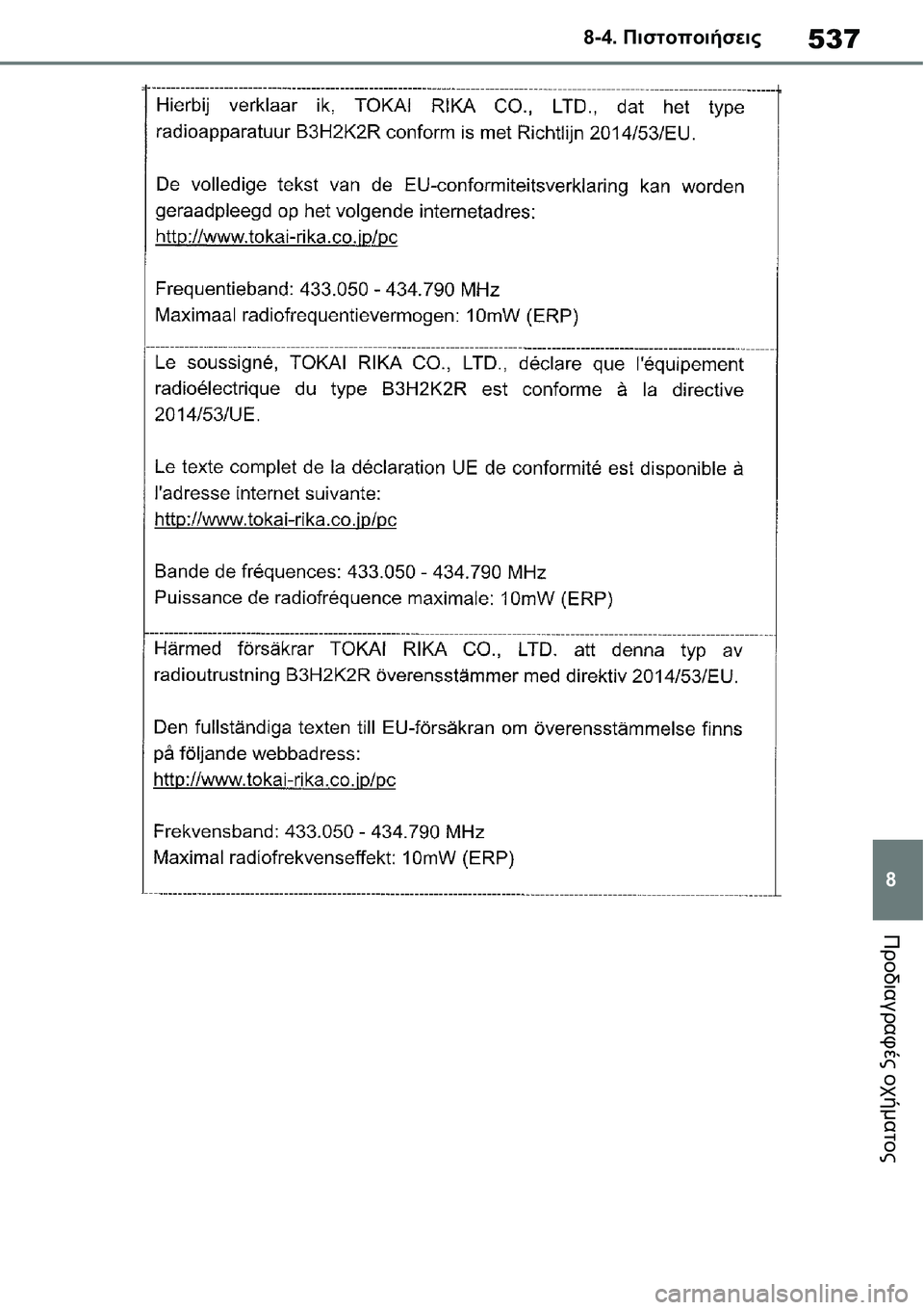TOYOTA YARIS 2021  ΟΔΗΓΌΣ ΧΡΉΣΗΣ (in Greek) 537
8 8-4. Πιστοποιήσεις
Προδιαγραφές οχήματος 