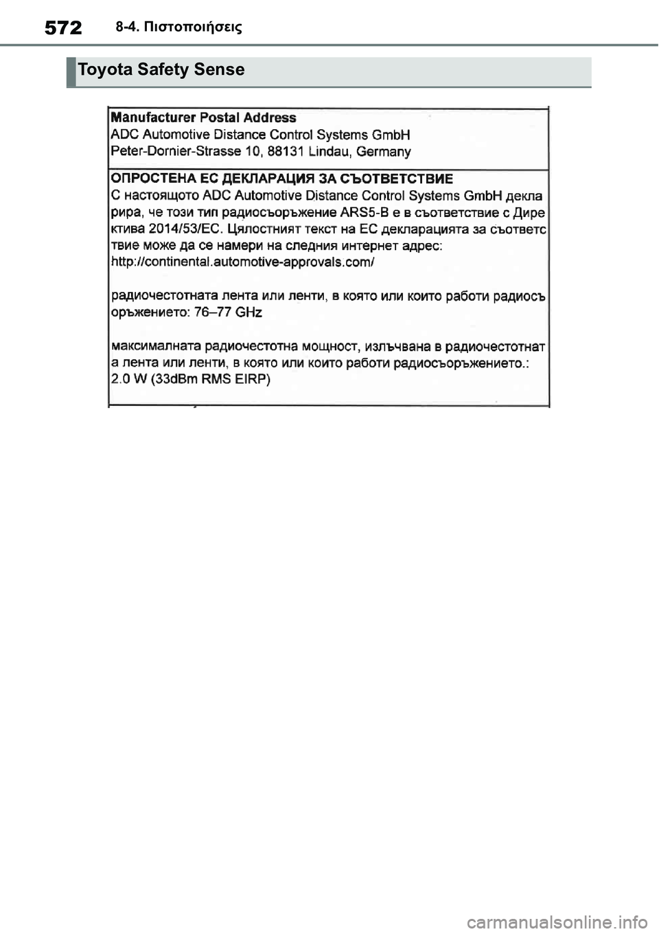TOYOTA YARIS 2021  ΟΔΗΓΌΣ ΧΡΉΣΗΣ (in Greek) 5728-4. Πιστοποιήσεις
Toyota Safety Sense 