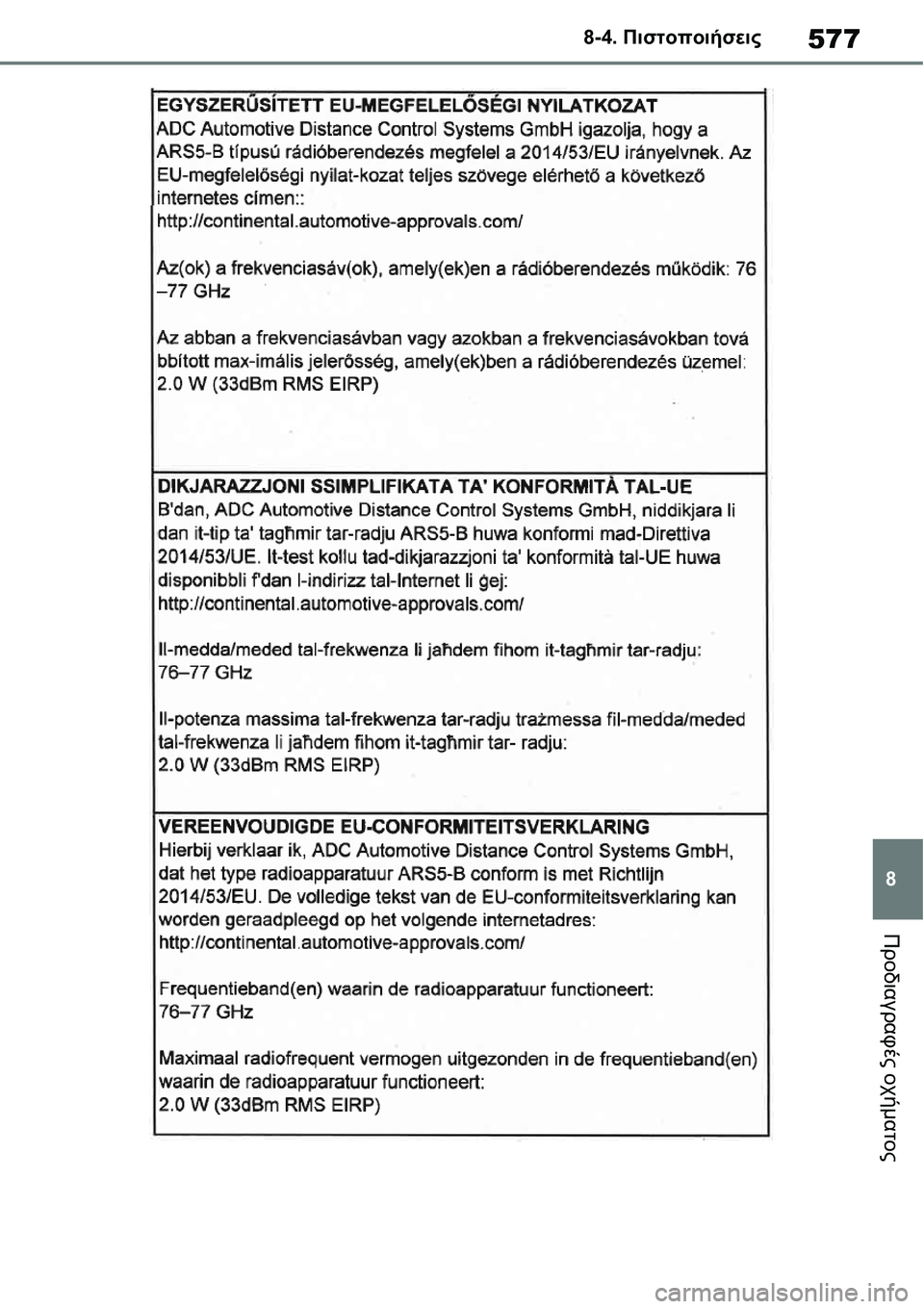 TOYOTA YARIS 2021  ΟΔΗΓΌΣ ΧΡΉΣΗΣ (in Greek) 577
8 8-4. Πιστοποιήσεις
Προδιαγραφές οχήματος 