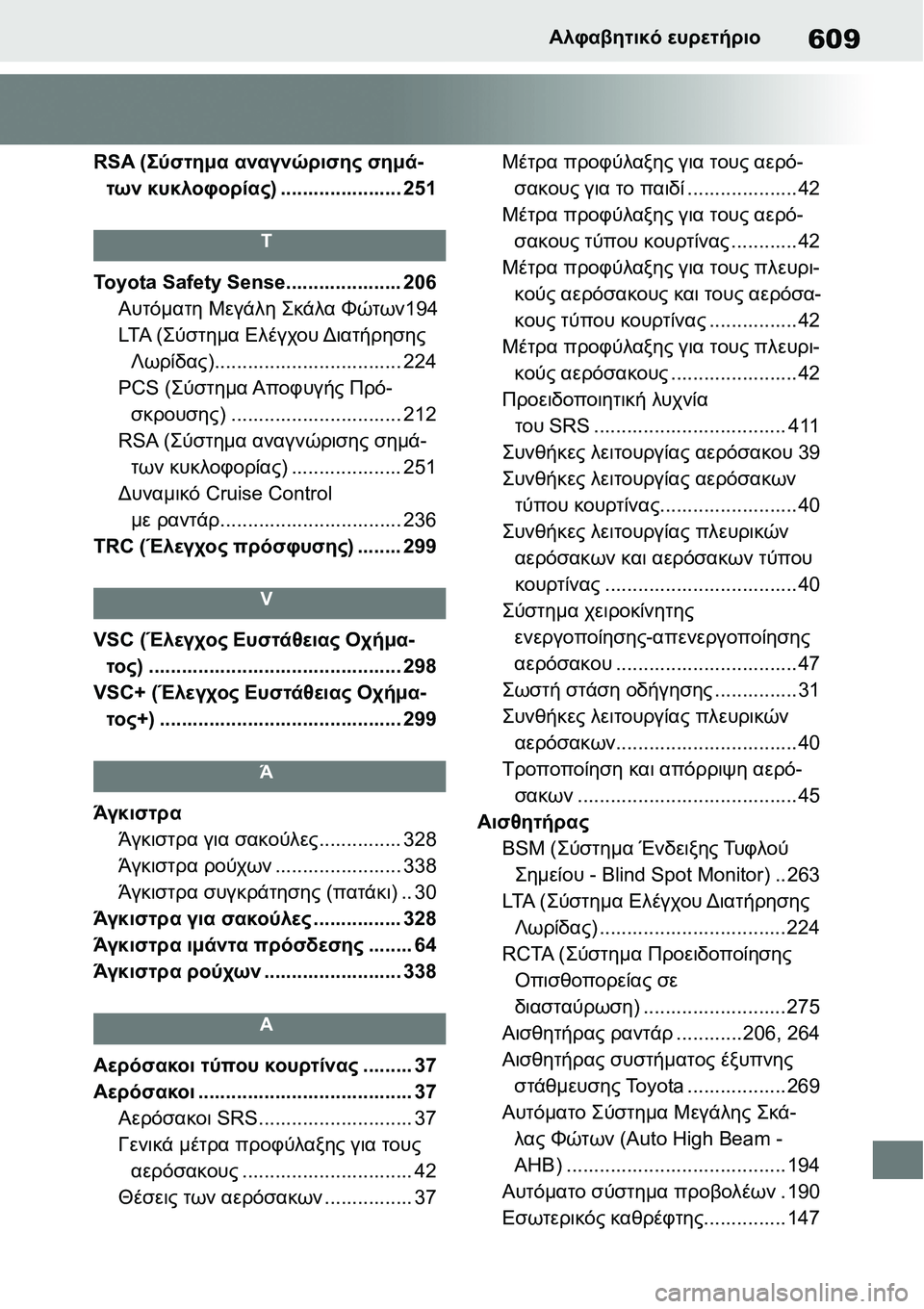 TOYOTA YARIS 2021 ΟΔΗΓΌΣ ΧΡΉΣΗΣ (in Greek) 609Αλφαβητικό ευρετήριο
RSA (Σύστημα αναγνώρισης σημά-
των κυκλοφορίας) ...................... 251
T
Toyota Safety Sense..................... 206 TOYOTA YARIS 2021 ΟΔΗΓΌΣ ΧΡΉΣΗΣ (in Greek) 609Αλφαβητικό ευρετήριο
RSA (Σύστημα αναγνώρισης σημά-
των κυκλοφορίας) ...................... 251
T
Toyota Safety Sense..................... 206