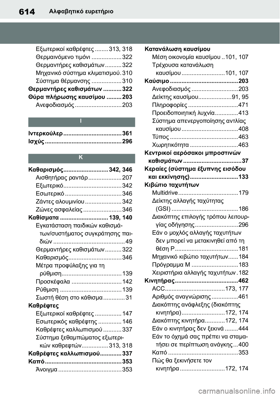 TOYOTA YARIS 2021 ΟΔΗΓΌΣ ΧΡΉΣΗΣ (in Greek) 614Αλφαβητικό ευρετήριο
Εξωτερικοί καθρέφτες........ 313, 318
Θερμαινόμενο τιμόνι.................. 322
Θερμαντήρες καθισμάτ TOYOTA YARIS 2021 ΟΔΗΓΌΣ ΧΡΉΣΗΣ (in Greek) 614Αλφαβητικό ευρετήριο
Εξωτερικοί καθρέφτες........ 313, 318
Θερμαινόμενο τιμόνι.................. 322
Θερμαντήρες καθισμάτ