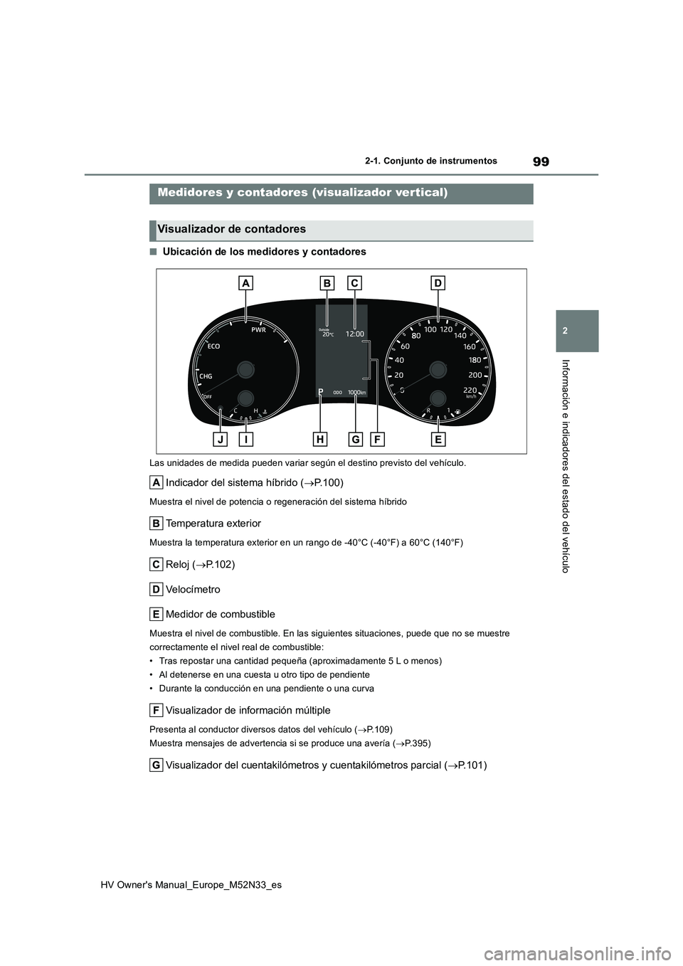 TOYOTA YARIS 2022  Manuale de Empleo (in Spanish) 99
2
HV Owner's Manual_Europe_M52N33_es
2-1. Conjunto de instrumentos
Información e indicadores del estado del vehículo
■Ubicación de los medidores y contadores
Las unidades de medida pueden 