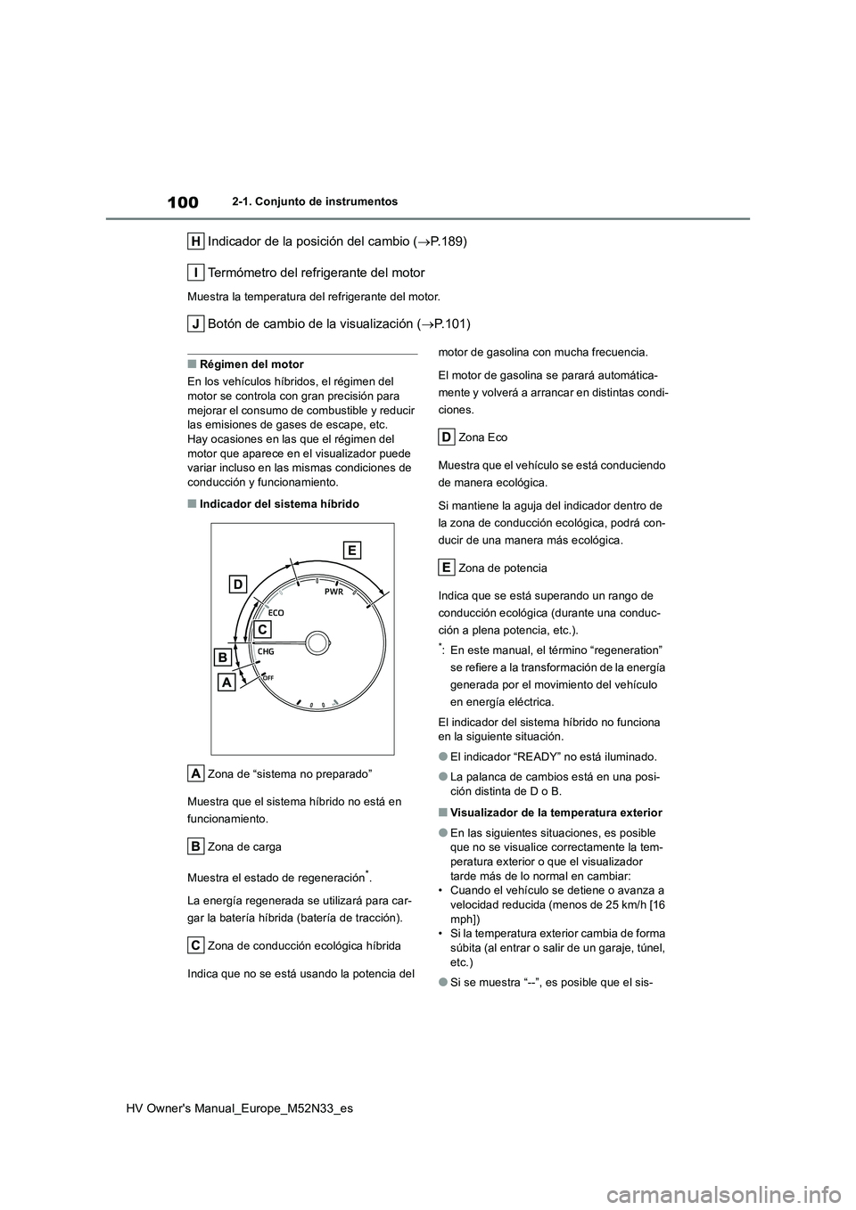 TOYOTA YARIS 2022  Manuale de Empleo (in Spanish) 100
HV Owner's Manual_Europe_M52N33_es
2-1. Conjunto de instrumentos
Indicador de la posición del cambio (P.189) 
Termómetro del refrigerante del motor
Muestra la temperatura del refrigerante