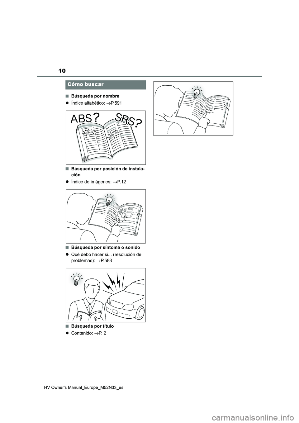 TOYOTA YARIS 2022  Manuale de Empleo (in Spanish) 10
HV Owner's Manual_Europe_M52N33_es 
■Búsqueda por nombre 
 Índice alfabético: P.591
■Búsqueda por posición de instala- 
ción 
 Índice de imágenes: P. 1 2
■Búsqueda po