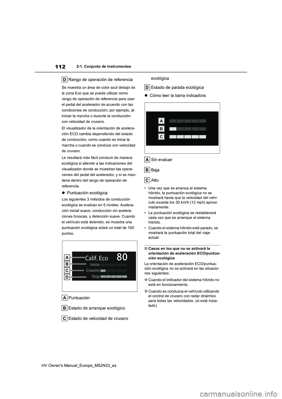 TOYOTA YARIS 2022  Manuale de Empleo (in Spanish) 112
HV Owner's Manual_Europe_M52N33_es
2-1. Conjunto de instrumentos
Rango de operación de referencia
Se muestra un área de color azul debajo de  
la zona Eco que se puede utilizar como 
rango d