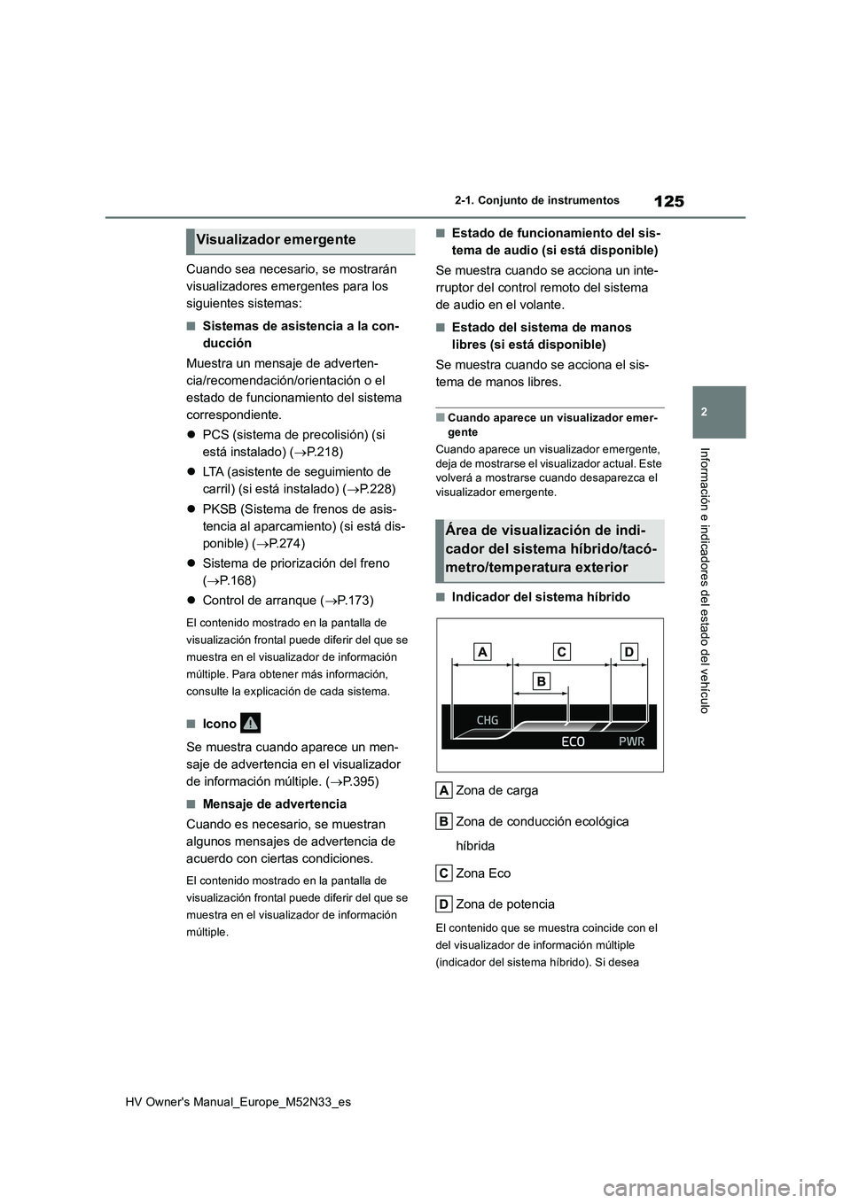 TOYOTA YARIS 2022  Manuale de Empleo (in Spanish) 125
2
HV Owner's Manual_Europe_M52N33_es
2-1. Conjunto de instrumentos
Información e indicadores del estado del vehículo
Cuando sea necesario, se mostrarán  
visualizadores emergentes para los 