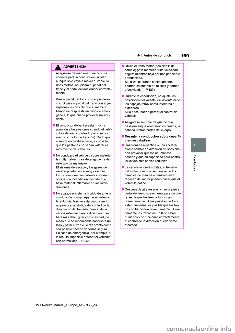 TOYOTA YARIS 2022  Manuale de Empleo (in Spanish) 169
4
HV Owner's Manual_Europe_M52N33_es
4-1. Antes de conducir
Conducción
ADVERTENCIA
�