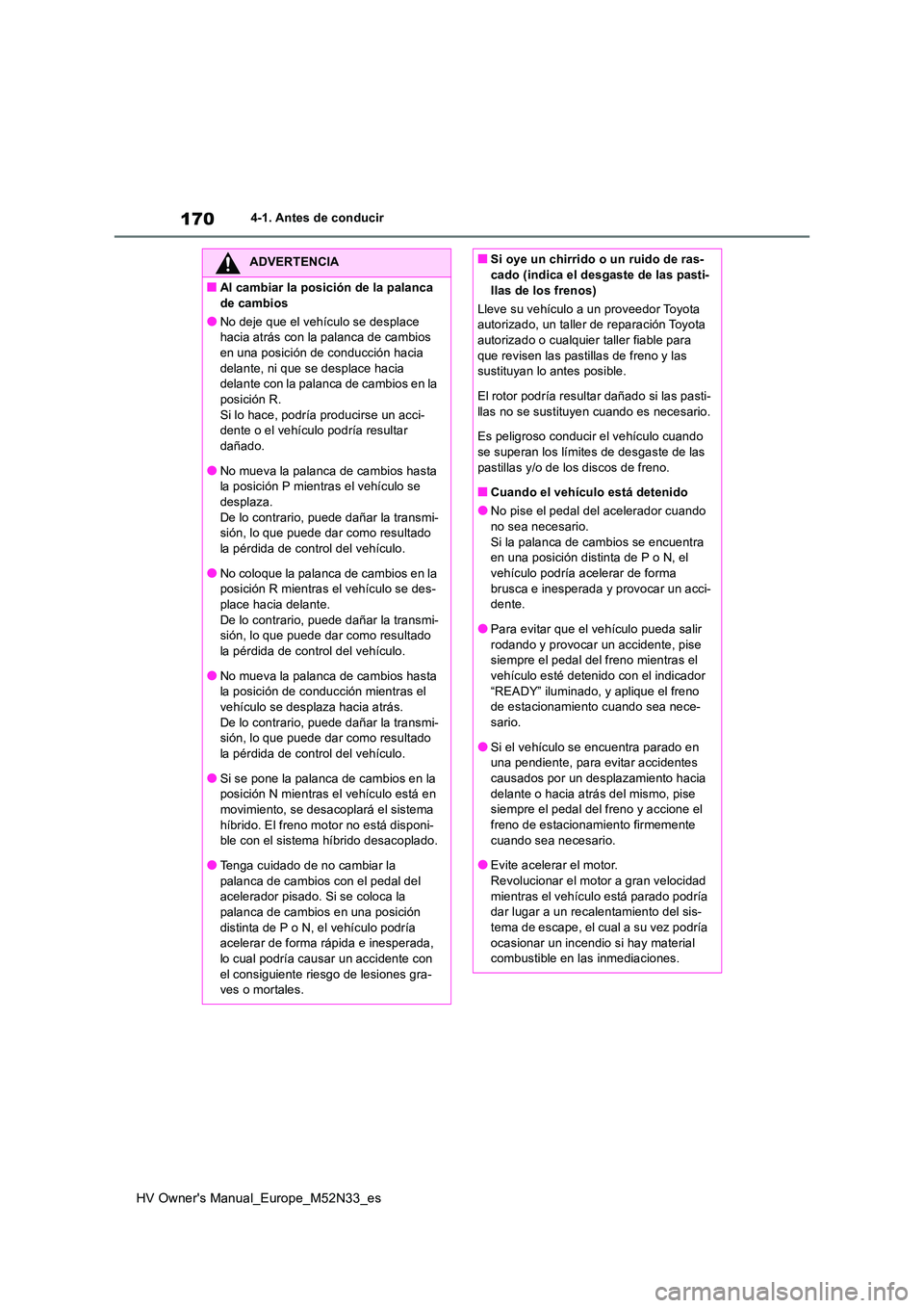 TOYOTA YARIS 2022  Manuale de Empleo (in Spanish) 170
HV Owner's Manual_Europe_M52N33_es
4-1. Antes de conducir
ADVERTENCIA
■Al cambiar la posición de la palanca  
de cambios
●No deje que el vehículo se desplace  hacia atrás con la palanca