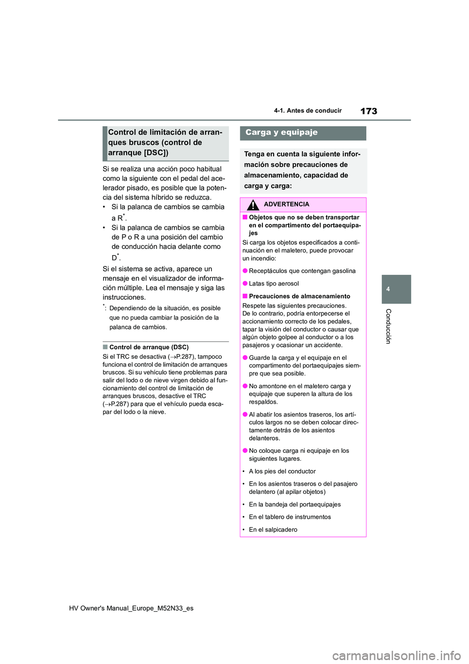 TOYOTA YARIS 2022  Manuale de Empleo (in Spanish) 173
4
HV Owner's Manual_Europe_M52N33_es
4-1. Antes de conducir
Conducción
Si se realiza una acción poco habitual  
como la siguiente con el pedal del ace-
lerador pisado, es posible que la pote