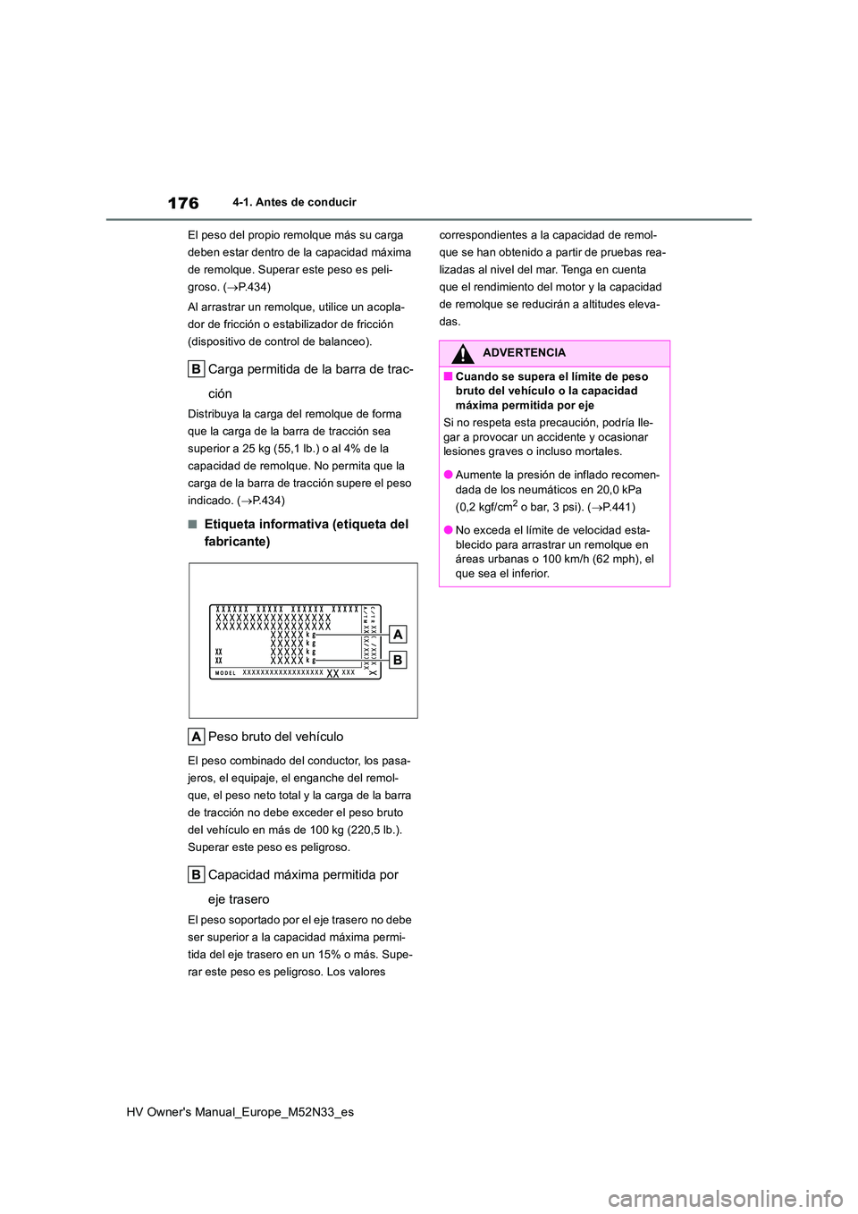 TOYOTA YARIS 2022  Manuale de Empleo (in Spanish) 176
HV Owner's Manual_Europe_M52N33_es
4-1. Antes de conducir 
El peso del propio remolque más su carga  
deben estar dentro de la capacidad máxima 
de remolque. Superar este peso es peli-
groso