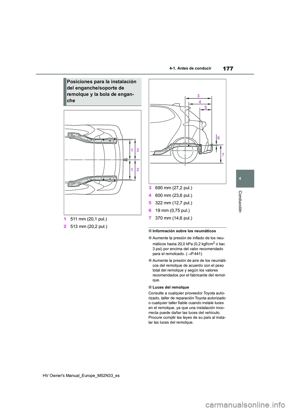TOYOTA YARIS 2022  Manuale de Empleo (in Spanish) 177
4
HV Owner's Manual_Europe_M52N33_es
4-1. Antes de conducir
Conducción
1511 mm (20,1 pul.) 
2 513 mm (20,2 pul.) 
3 690 mm (27,2 pul.) 
4 600 mm (23,6 pul.) 
5 322 mm (12,7 pul.) 
6 19 mm (0,