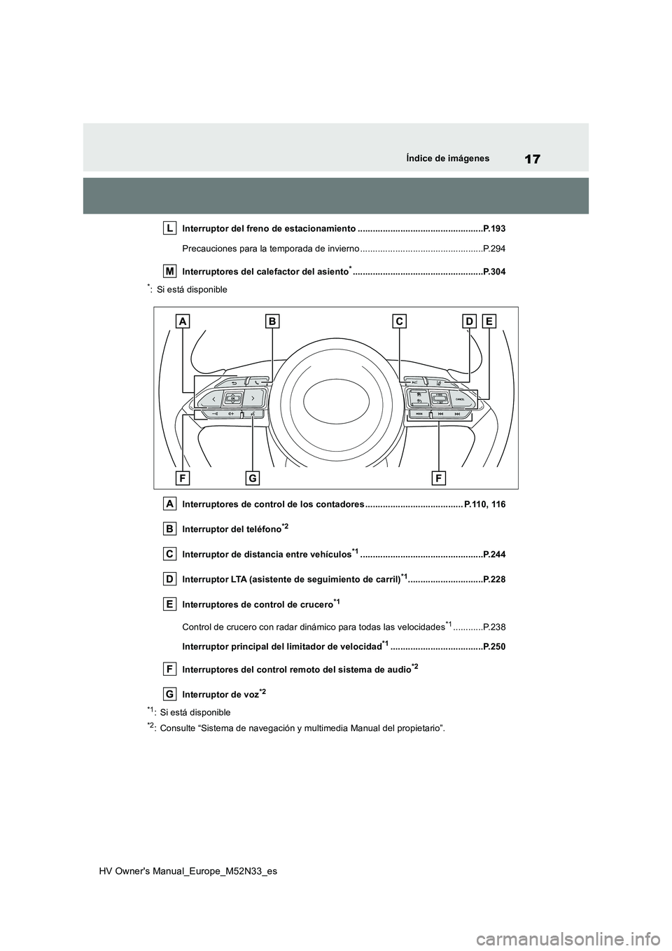 TOYOTA YARIS 2022  Manuale de Empleo (in Spanish) 17
HV Owner's Manual_Europe_M52N33_es
Índice de imágenes
Interruptor del freno de estacionamiento ..................................................P.193 
Precauciones para la temporada de invie