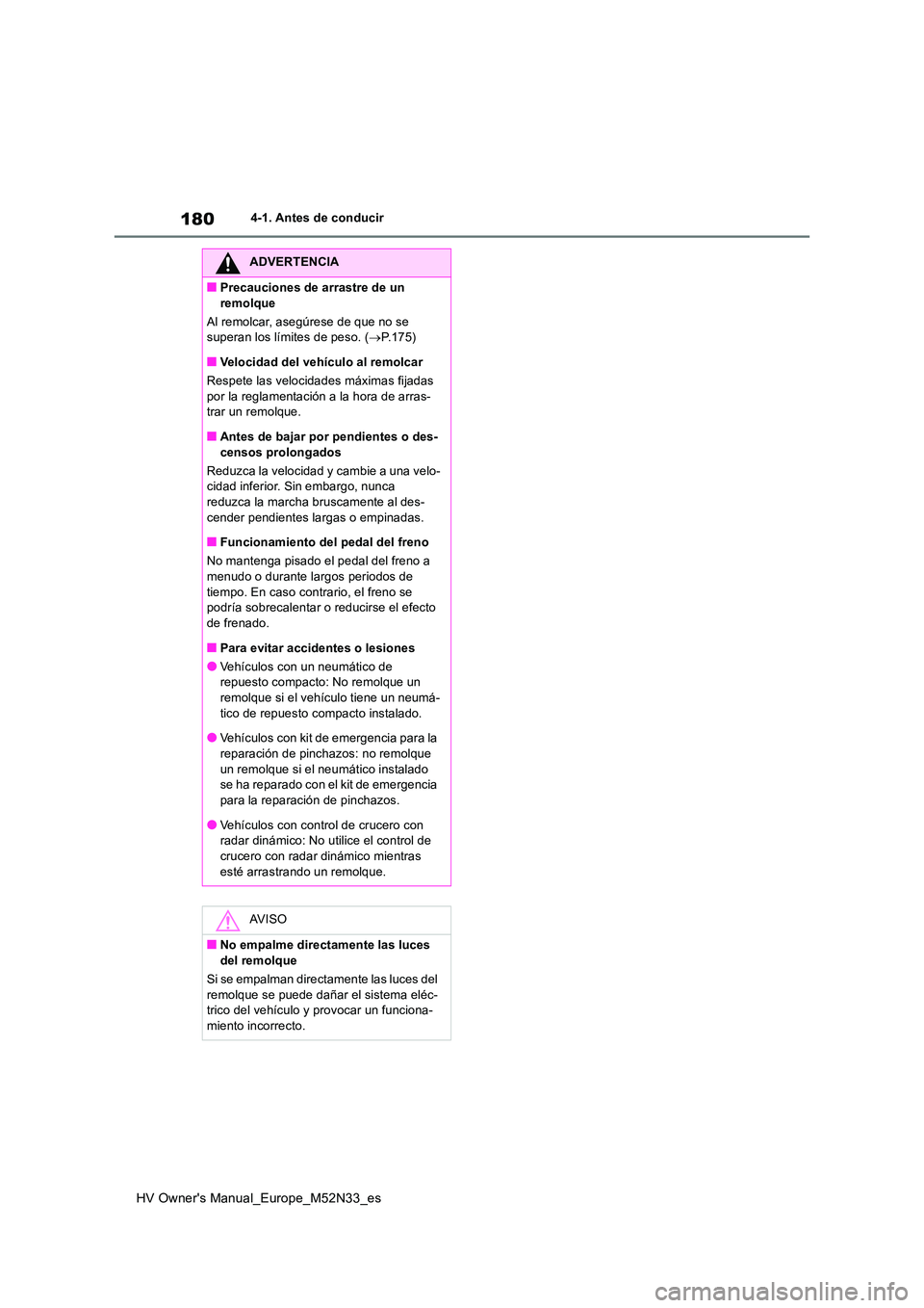 TOYOTA YARIS 2022  Manuale de Empleo (in Spanish) 180
HV Owner's Manual_Europe_M52N33_es
4-1. Antes de conducir
ADVERTENCIA
■Precauciones de arrastre de un  
remolque 
Al remolcar, asegúrese de que no se  superan los límites de peso. ( P.1