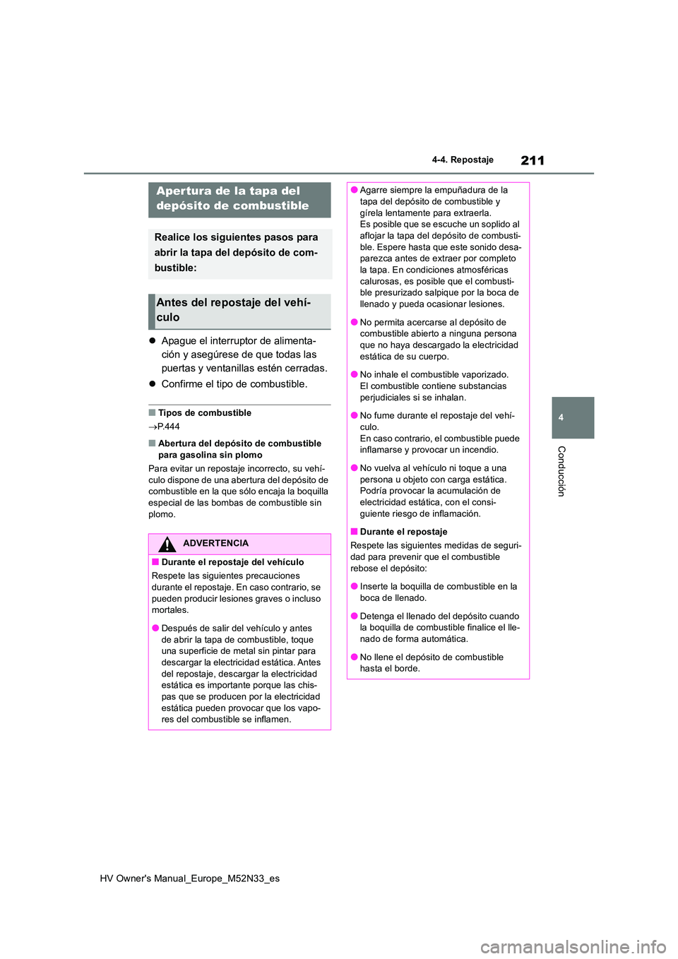 TOYOTA YARIS 2022 Manuale de Empleo (in Spanish) 211
4
HV Owner's Manual_Europe_M52N33_es
4-4. Repostaje
Conducción
4-4.Repos ta je
Apague el interruptor de alimenta-
ción y asegúrese de que todas las
puertas y ventanillas estén cerrada TOYOTA YARIS 2022 Manuale de Empleo (in Spanish) 211
4
HV Owner's Manual_Europe_M52N33_es
4-4. Repostaje
Conducción
4-4.Repos ta je
Apague el interruptor de alimenta-
ción y asegúrese de que todas las
puertas y ventanillas estén cerrada