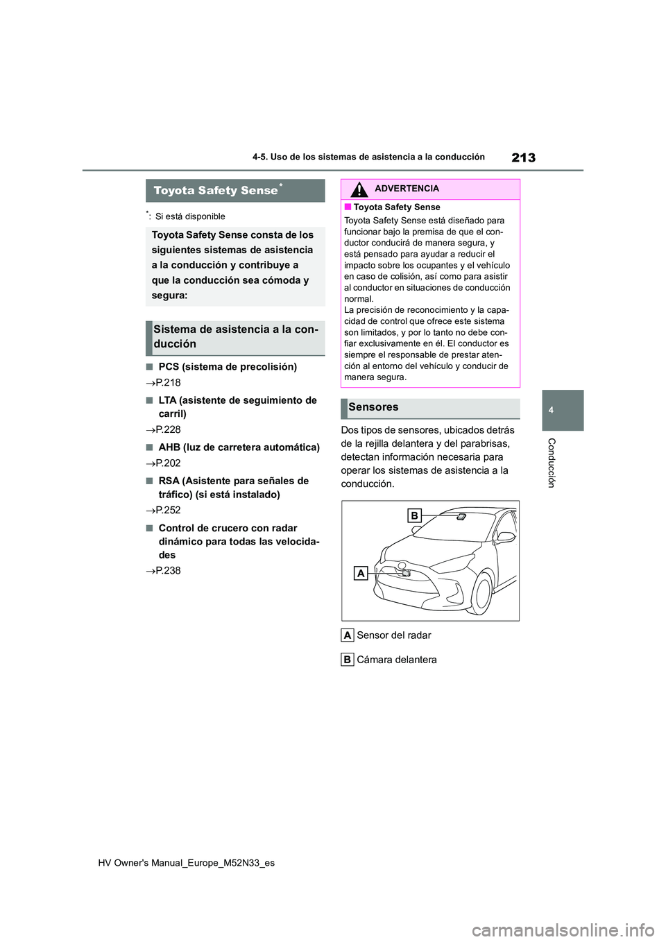 TOYOTA YARIS 2022 Manuale de Empleo (in Spanish) 213
4
HV Owner's Manual_Europe_M52N33_es
4-5. Uso de los sistemas de asistencia a la conducción
Conducción
4-5.Uso de los siste ma s de asistencia a la c onduc ció n
*: Si está disponible
■ TOYOTA YARIS 2022 Manuale de Empleo (in Spanish) 213
4
HV Owner's Manual_Europe_M52N33_es
4-5. Uso de los sistemas de asistencia a la conducción
Conducción
4-5.Uso de los siste ma s de asistencia a la c onduc ció n
*: Si está disponible
■