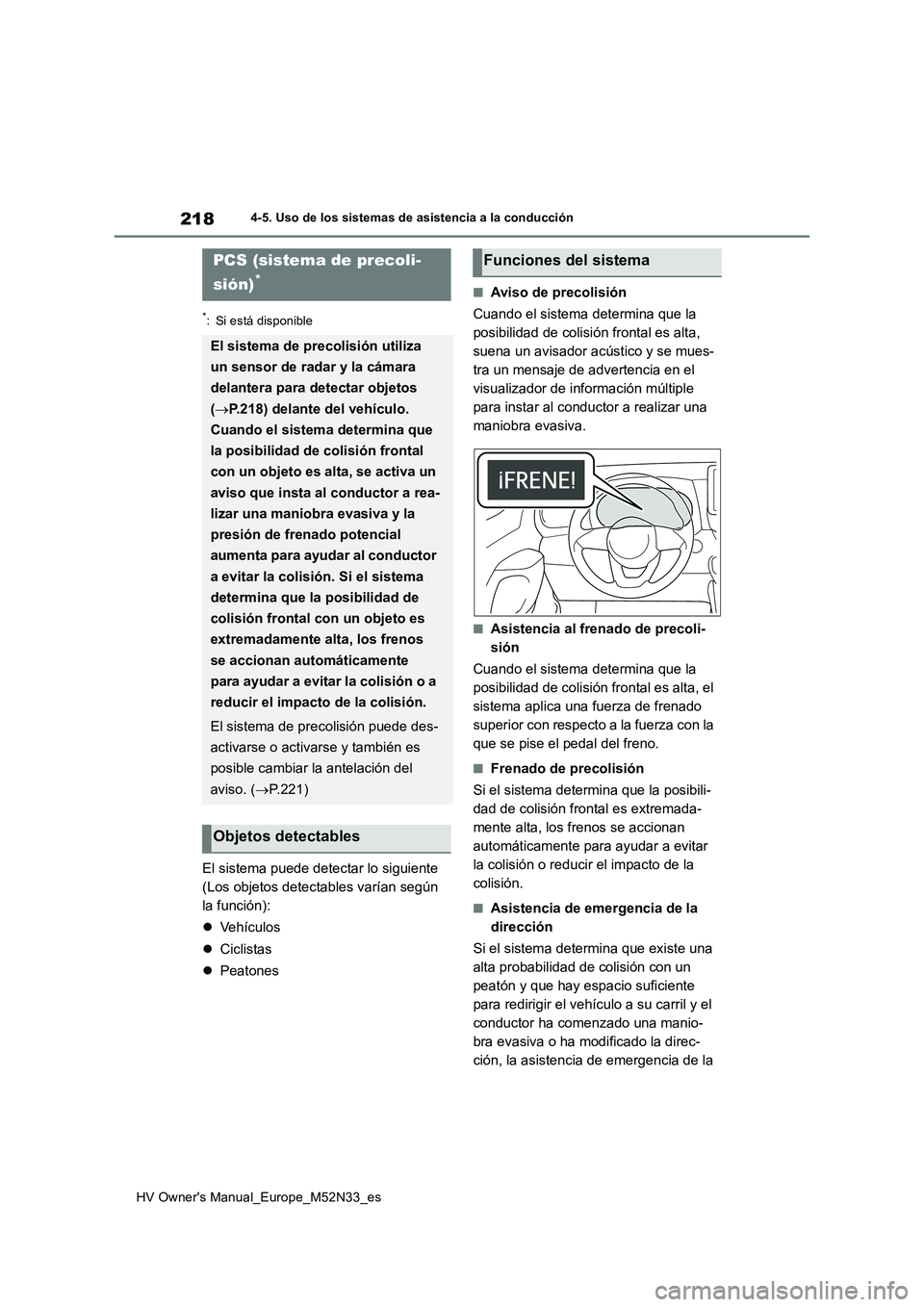 TOYOTA YARIS 2022 Manuale de Empleo (in Spanish) 218
HV Owner's Manual_Europe_M52N33_es
4-5. Uso de los sistemas de asistencia a la conducción
*: Si está disponible
El sistema puede detectar lo siguiente
(Los objetos detectables varían seg TOYOTA YARIS 2022 Manuale de Empleo (in Spanish) 218
HV Owner's Manual_Europe_M52N33_es
4-5. Uso de los sistemas de asistencia a la conducción
*: Si está disponible
El sistema puede detectar lo siguiente
(Los objetos detectables varían seg