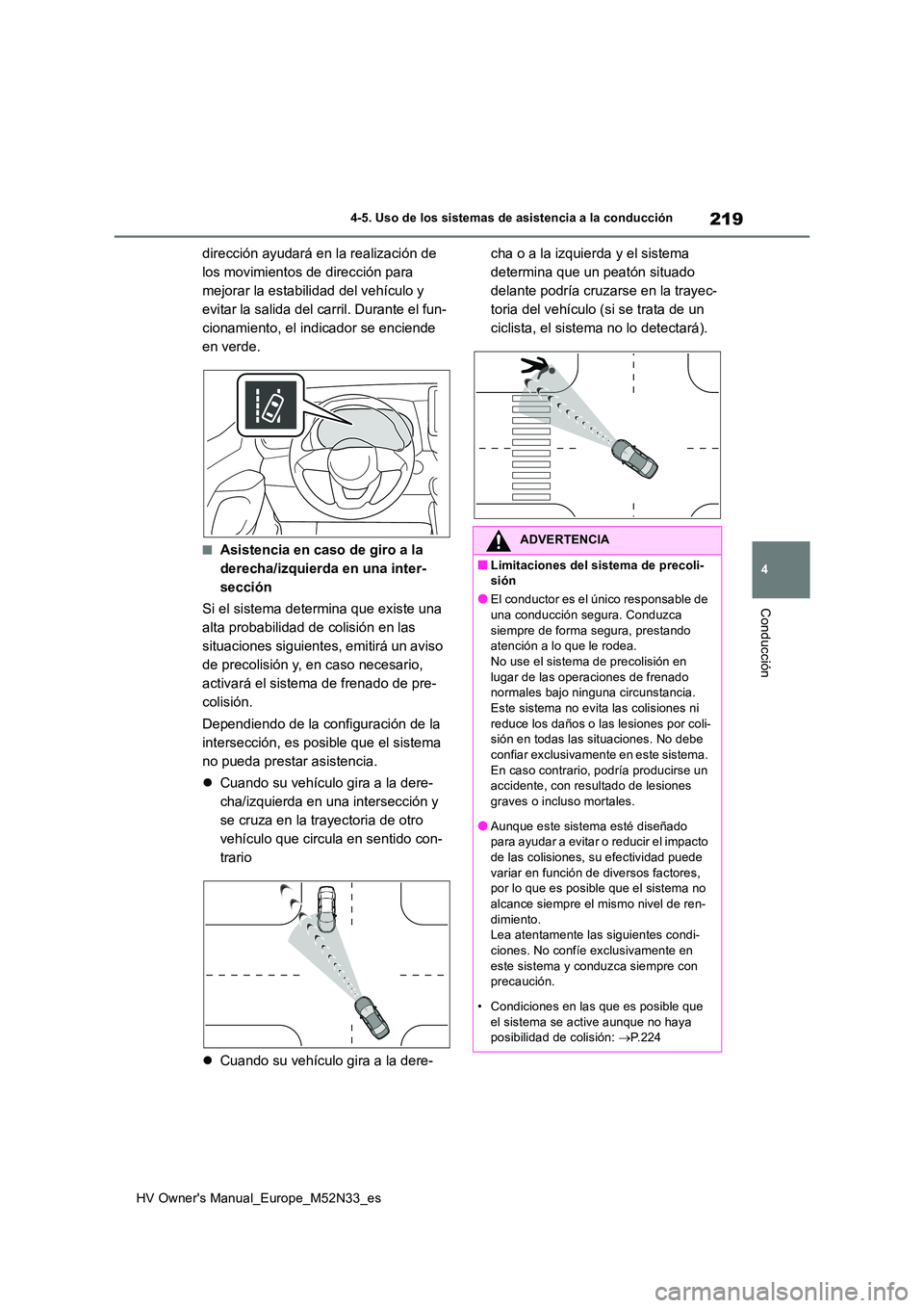 TOYOTA YARIS 2022  Manuale de Empleo (in Spanish) 219
4
HV Owner's Manual_Europe_M52N33_es
4-5. Uso de los sistemas de asistencia a la conducción
Conducción
dirección ayudará en la realización de  
los movimientos de dirección para 
mejorar