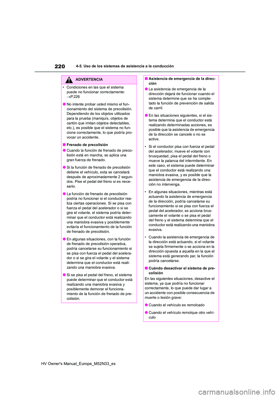 TOYOTA YARIS 2022  Manuale de Empleo (in Spanish) 220
HV Owner's Manual_Europe_M52N33_es
4-5. Uso de los sistemas de asistencia a la conducción
ADVERTENCIA
• Condiciones en las que el sistema  
puede no funcionar correctamente:   P.226
●N