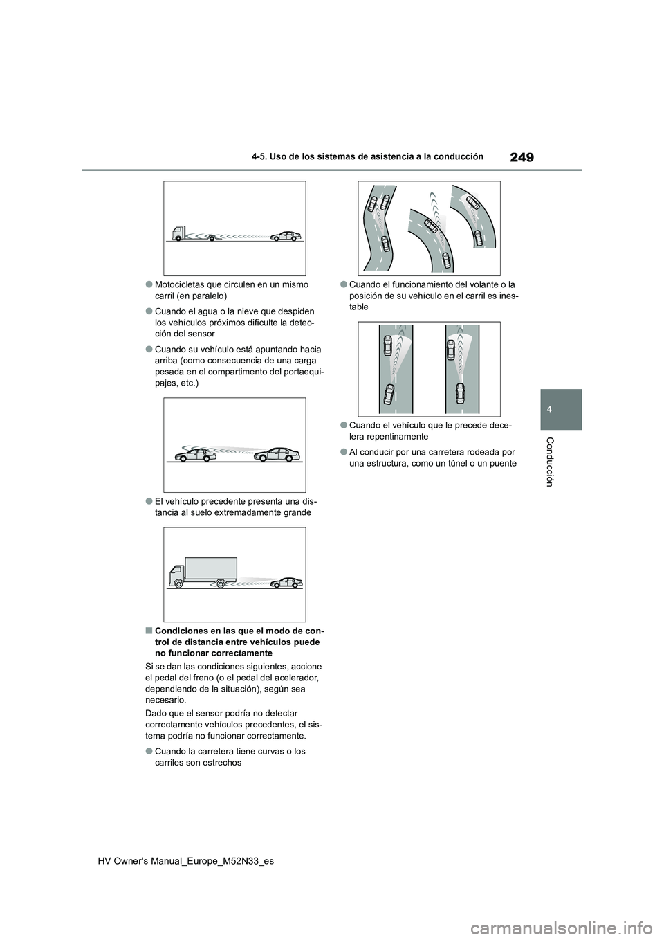 TOYOTA YARIS 2022 Manuale de Empleo (in Spanish) 249
4
HV Owner's Manual_Europe_M52N33_es
4-5. Uso de los sistemas de asistencia a la conducción
Conducción
●Motocicletas que circulen en un mismo carril (en paralelo)
●Cuando el agua o la n TOYOTA YARIS 2022 Manuale de Empleo (in Spanish) 249
4
HV Owner's Manual_Europe_M52N33_es
4-5. Uso de los sistemas de asistencia a la conducción
Conducción
●Motocicletas que circulen en un mismo carril (en paralelo)
●Cuando el agua o la n