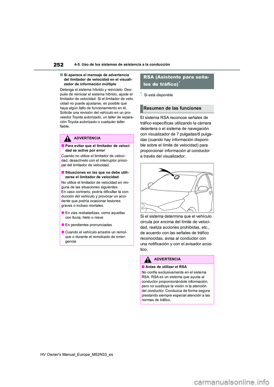 TOYOTA YARIS 2022 Manuale de Empleo (in Spanish) 252
HV Owner's Manual_Europe_M52N33_es
4-5. Uso de los sistemas de asistencia a la conducción
■Si aparece el mensaje de advertencia del limitador de velocidad en el visuali-zador de informaci TOYOTA YARIS 2022 Manuale de Empleo (in Spanish) 252
HV Owner's Manual_Europe_M52N33_es
4-5. Uso de los sistemas de asistencia a la conducción
■Si aparece el mensaje de advertencia del limitador de velocidad en el visuali-zador de informaci