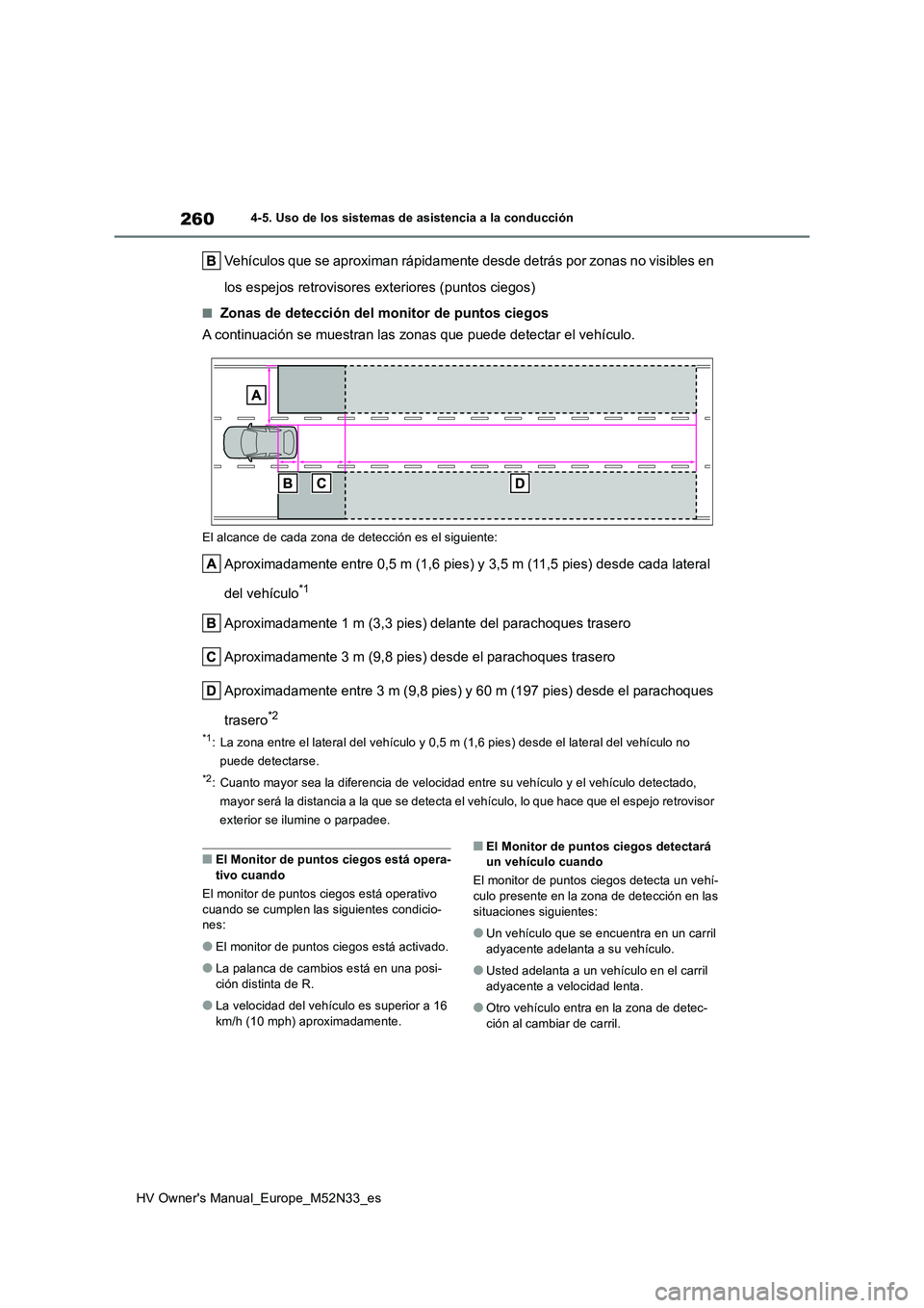 TOYOTA YARIS 2022 Manuale de Empleo (in Spanish) 260
HV Owner's Manual_Europe_M52N33_es
4-5. Uso de los sistemas de asistencia a la conducción
Vehículos que se aproximan rápidamente desde detrás por zonas no visibles en
los espejos retrovi TOYOTA YARIS 2022 Manuale de Empleo (in Spanish) 260
HV Owner's Manual_Europe_M52N33_es
4-5. Uso de los sistemas de asistencia a la conducción
Vehículos que se aproximan rápidamente desde detrás por zonas no visibles en
los espejos retrovi