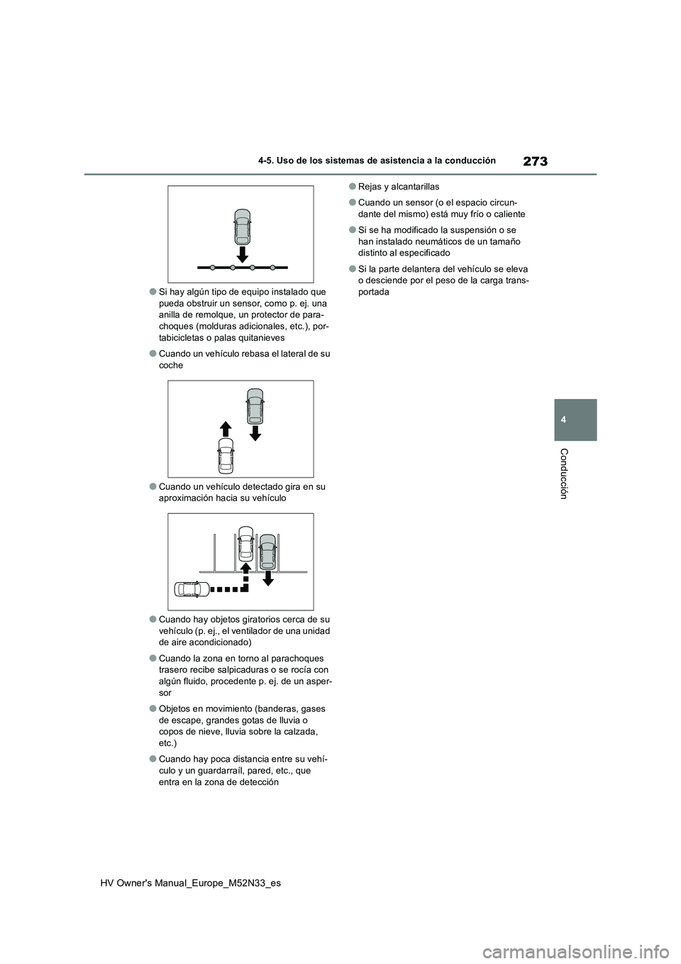 TOYOTA YARIS 2022 Manuale de Empleo (in Spanish) 273
4
HV Owner's Manual_Europe_M52N33_es
4-5. Uso de los sistemas de asistencia a la conducción
Conducción
●Si hay algún tipo de equipo instalado que pueda obstruir un sensor, como p. ej. un TOYOTA YARIS 2022 Manuale de Empleo (in Spanish) 273
4
HV Owner's Manual_Europe_M52N33_es
4-5. Uso de los sistemas de asistencia a la conducción
Conducción
●Si hay algún tipo de equipo instalado que pueda obstruir un sensor, como p. ej. un