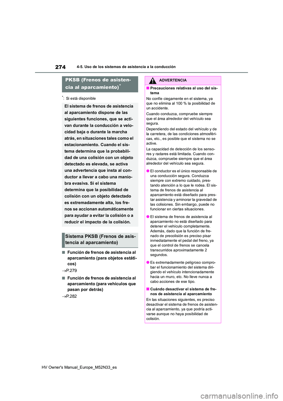 TOYOTA YARIS 2022 Manuale de Empleo (in Spanish) 274
HV Owner's Manual_Europe_M52N33_es
4-5. Uso de los sistemas de asistencia a la conducción
*: Si está disponible
■Función de frenos de asistencia al
aparcamiento (para objetos estáti-
c TOYOTA YARIS 2022 Manuale de Empleo (in Spanish) 274
HV Owner's Manual_Europe_M52N33_es
4-5. Uso de los sistemas de asistencia a la conducción
*: Si está disponible
■Función de frenos de asistencia al
aparcamiento (para objetos estáti-
c
