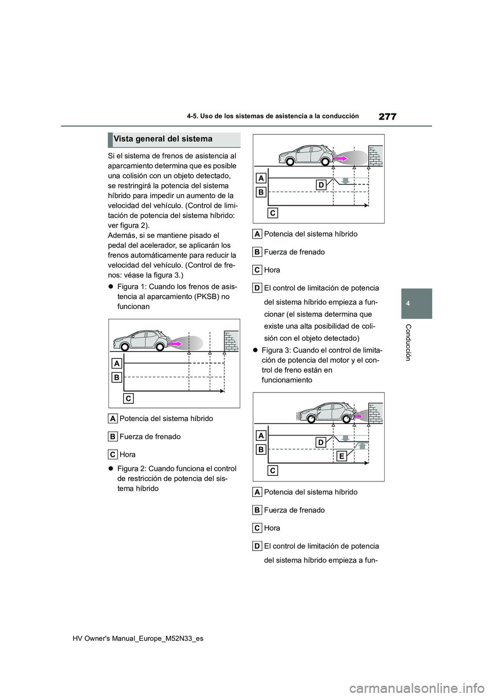 TOYOTA YARIS 2022 Manuale de Empleo (in Spanish) 277
4
HV Owner's Manual_Europe_M52N33_es
4-5. Uso de los sistemas de asistencia a la conducción
Conducción
Si el sistema de frenos de asistencia al
aparcamiento determina que es posible
una c TOYOTA YARIS 2022 Manuale de Empleo (in Spanish) 277
4
HV Owner's Manual_Europe_M52N33_es
4-5. Uso de los sistemas de asistencia a la conducción
Conducción
Si el sistema de frenos de asistencia al
aparcamiento determina que es posible
una c