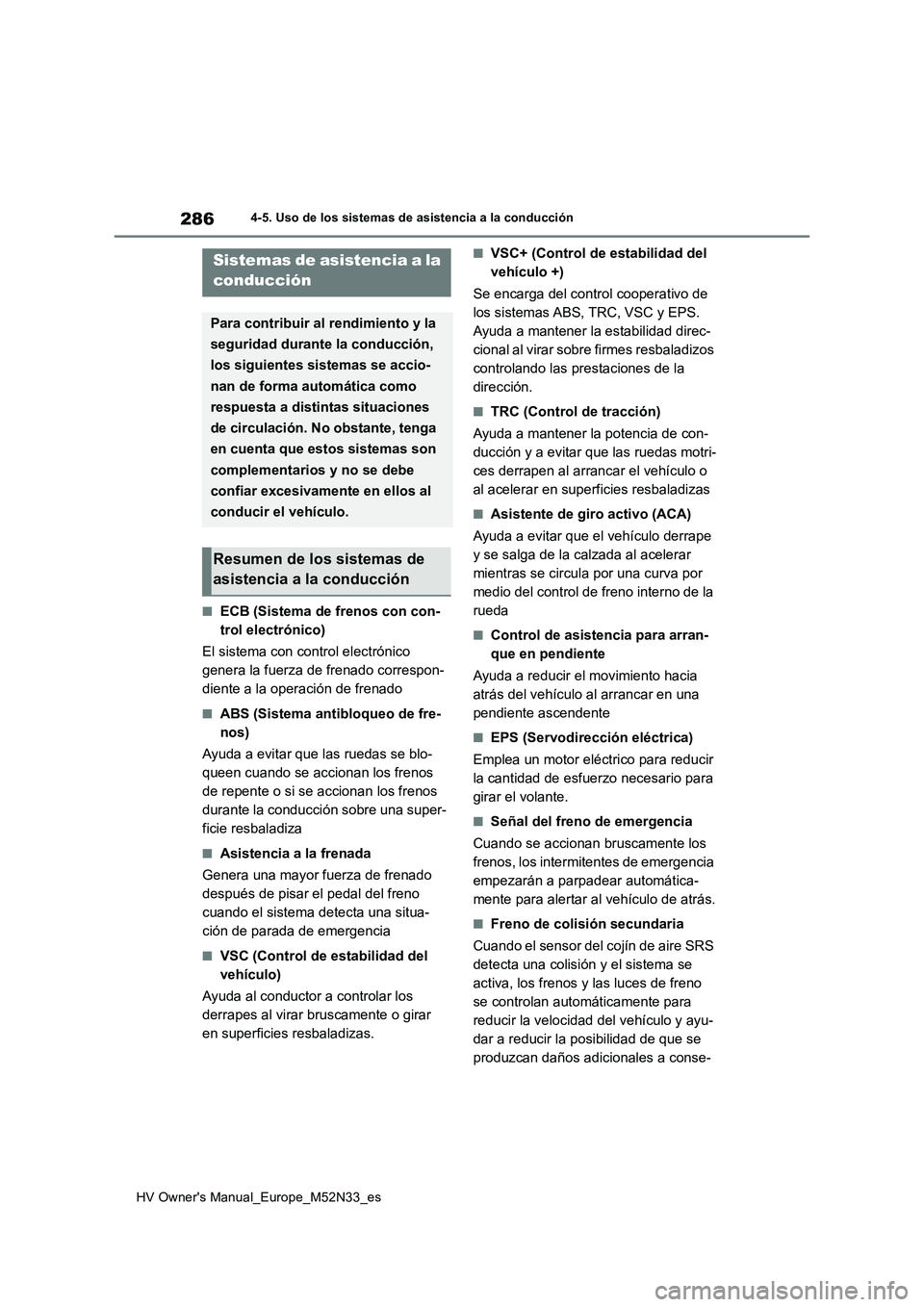 TOYOTA YARIS 2022 Manuale de Empleo (in Spanish) 286
HV Owner's Manual_Europe_M52N33_es
4-5. Uso de los sistemas de asistencia a la conducción
■ECB (Sistema de frenos con con-
trol electrónico)
El sistema con control electrónico
genera TOYOTA YARIS 2022 Manuale de Empleo (in Spanish) 286
HV Owner's Manual_Europe_M52N33_es
4-5. Uso de los sistemas de asistencia a la conducción
■ECB (Sistema de frenos con con-
trol electrónico)
El sistema con control electrónico
genera