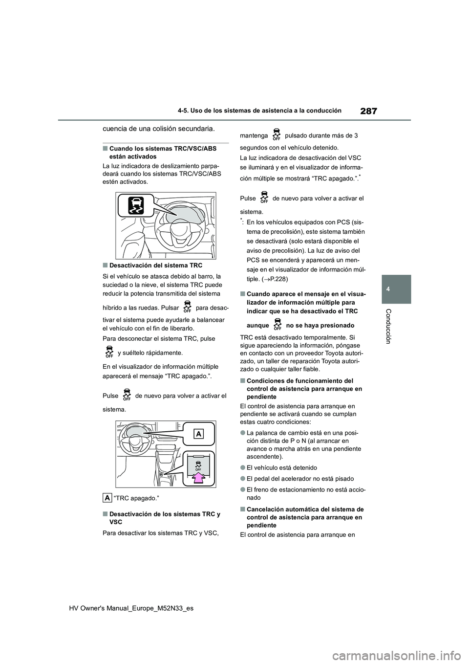 TOYOTA YARIS 2022 Manuale de Empleo (in Spanish) 287
4
HV Owner's Manual_Europe_M52N33_es
4-5. Uso de los sistemas de asistencia a la conducción
Conducción
cuencia de una colisión secundaria.
■Cuando los sistemas TRC/VSC/ABS
están activa TOYOTA YARIS 2022 Manuale de Empleo (in Spanish) 287
4
HV Owner's Manual_Europe_M52N33_es
4-5. Uso de los sistemas de asistencia a la conducción
Conducción
cuencia de una colisión secundaria.
■Cuando los sistemas TRC/VSC/ABS
están activa