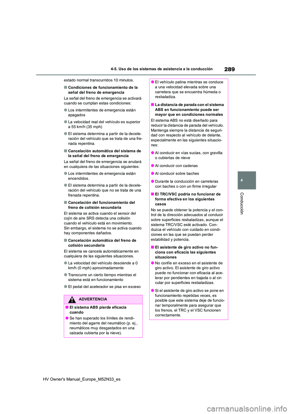 TOYOTA YARIS 2022 Manuale de Empleo (in Spanish) 289
4
HV Owner's Manual_Europe_M52N33_es
4-5. Uso de los sistemas de asistencia a la conducción
Conducción
estado normal transcurridos 10 minutos.
■Condiciones de funcionamiento de la señal TOYOTA YARIS 2022 Manuale de Empleo (in Spanish) 289
4
HV Owner's Manual_Europe_M52N33_es
4-5. Uso de los sistemas de asistencia a la conducción
Conducción
estado normal transcurridos 10 minutos.
■Condiciones de funcionamiento de la señal