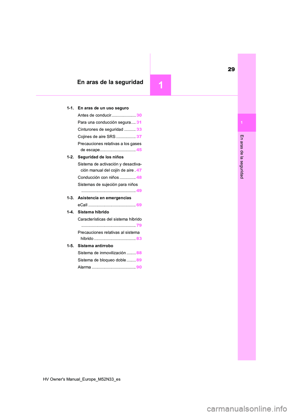TOYOTA YARIS 2022  Manuale de Empleo (in Spanish) 1
29
HV Owner's Manual_Europe_M52N33_es
1
En aras de la seguridad
En aras de la seguridad
1-1. En aras de un uso seguro 
Antes de conducir ..................... 30 
Para una conducción segura ...