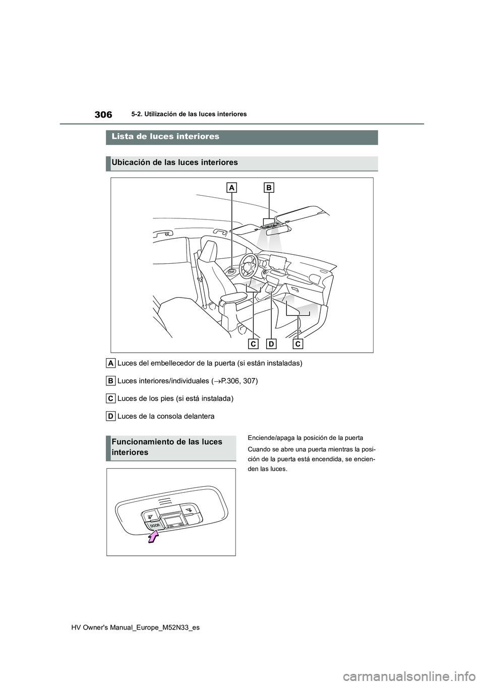 TOYOTA YARIS 2022  Manuale de Empleo (in Spanish) 306
HV Owner's Manual_Europe_M52N33_es
5-2. Utilización de las luces interiores
5-2.Utiliz ación de la s luc es in teriores
Luces del embellecedor de la puerta (si están instaladas) 
Luces inte