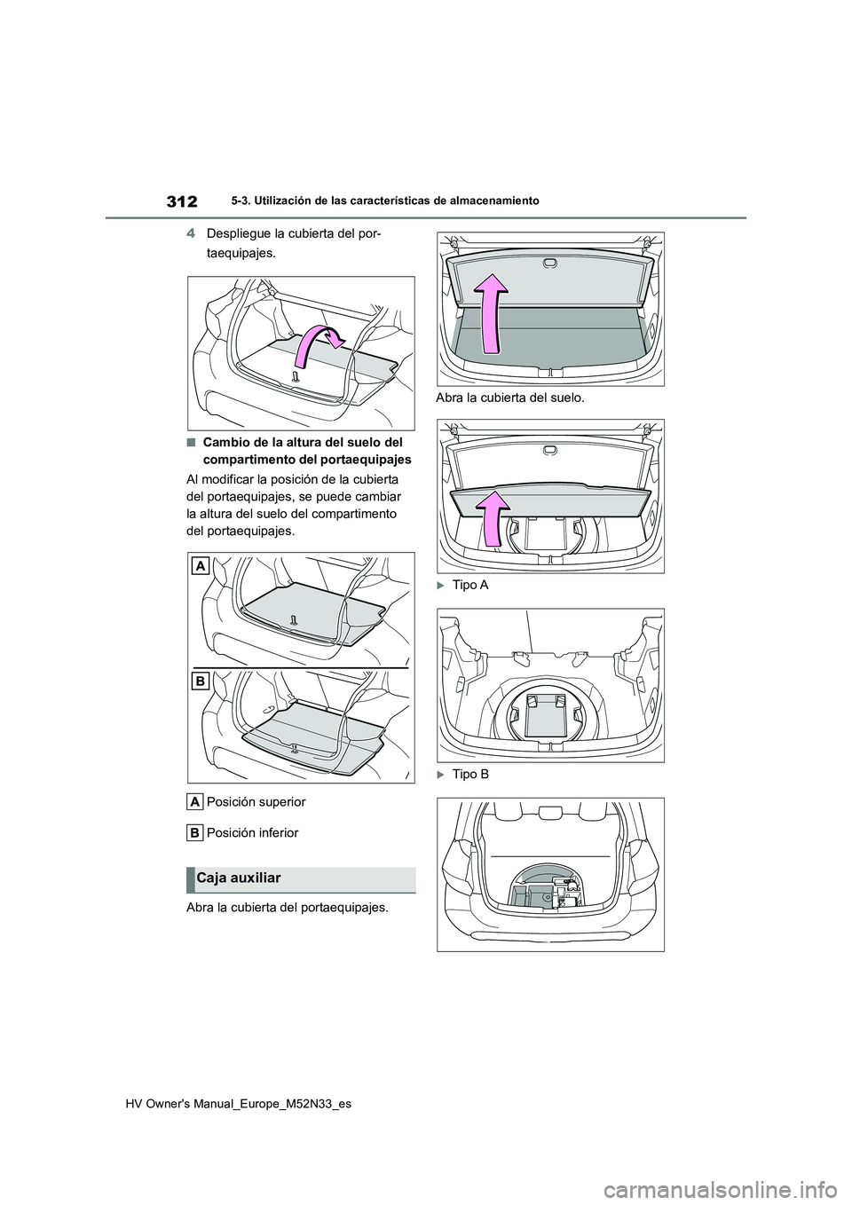 TOYOTA YARIS 2022  Manuale de Empleo (in Spanish) 312
HV Owner's Manual_Europe_M52N33_es
5-3. Utilización de las características de almacenamiento
4Despliegue la cubierta del por- 
taequipajes.
■Cambio de la altura del suelo del  
compartimen