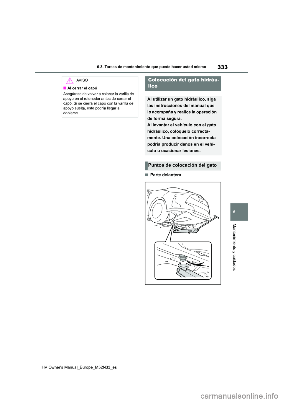 TOYOTA YARIS 2022  Manuale de Empleo (in Spanish) 333
6
HV Owner's Manual_Europe_M52N33_es
6-3. Tareas de mantenimiento que puede hacer usted mismo
Mantenimiento y cuidados
■Parte delantera
AV I S O
■Al cerrar el capó 
Asegúrese de volver a