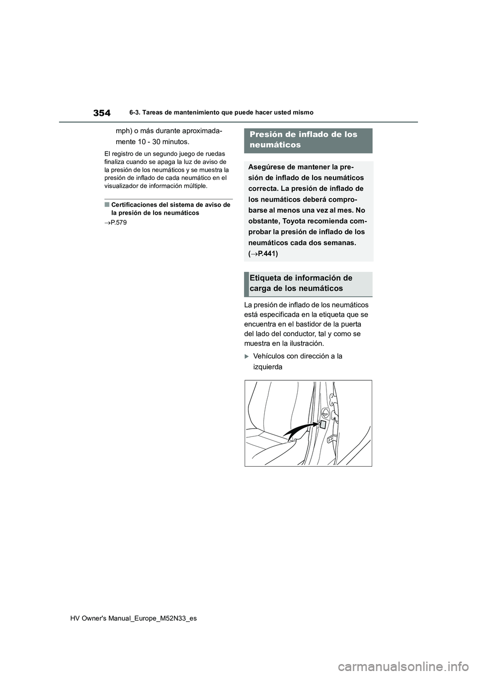 TOYOTA YARIS 2022  Manuale de Empleo (in Spanish) 354
HV Owner's Manual_Europe_M52N33_es
6-3. Tareas de mantenimiento que puede hacer usted mismo
mph) o más durante aproximada- 
mente 10 - 30 minutos.
El registro de un segundo juego de ruedas  
