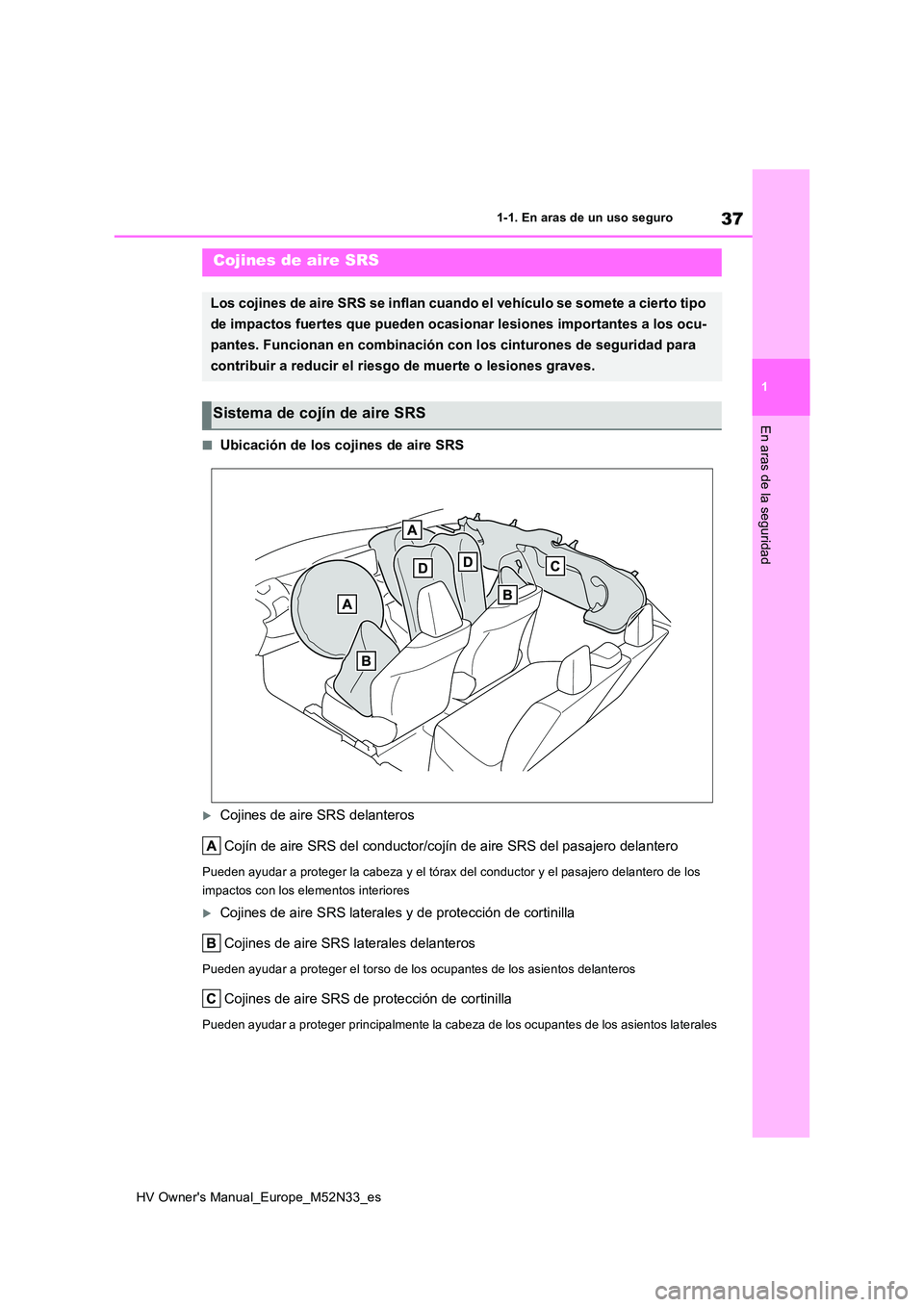 TOYOTA YARIS 2022 Manuale de Empleo (in Spanish) 37
1
HV Owner's Manual_Europe_M52N33_es
1-1. En aras de un uso seguro
En aras de la seguridad
■Ubicación de los cojines de aire SRS
Cojines de aire SRS delanteros
Cojín de aire SRS del con TOYOTA YARIS 2022 Manuale de Empleo (in Spanish) 37
1
HV Owner's Manual_Europe_M52N33_es
1-1. En aras de un uso seguro
En aras de la seguridad
■Ubicación de los cojines de aire SRS
Cojines de aire SRS delanteros
Cojín de aire SRS del con