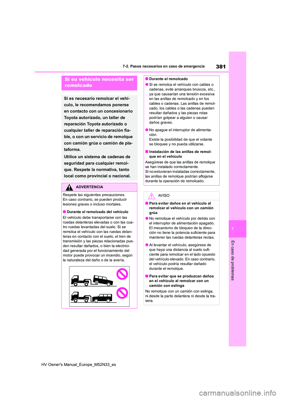 TOYOTA YARIS 2022 Manuale de Empleo (in Spanish) 381
7
HV Owner's Manual_Europe_M52N33_es
7-2. Pasos necesarios en caso de emergencia
En caso de problemas
7-2.Paso s neces arios en c aso de emergenc iaSi su vehículo necesita ser
remolcado
S TOYOTA YARIS 2022 Manuale de Empleo (in Spanish) 381
7
HV Owner's Manual_Europe_M52N33_es
7-2. Pasos necesarios en caso de emergencia
En caso de problemas
7-2.Paso s neces arios en c aso de emergenc iaSi su vehículo necesita ser
remolcado
S