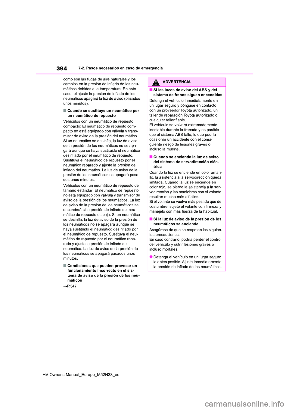 TOYOTA YARIS 2022  Manuale de Empleo (in Spanish) 394
HV Owner's Manual_Europe_M52N33_es
7-2. Pasos necesarios en caso de emergencia 
como son las fugas de aire naturales y los  cambios en la presión de inflado de los neu-máticos debidos a la t