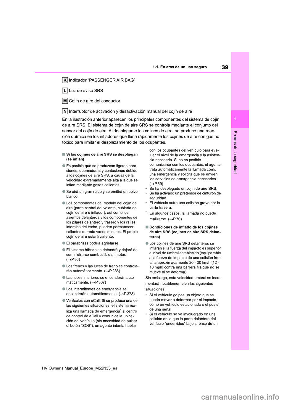 TOYOTA YARIS 2022  Manuale de Empleo (in Spanish) 39
1
HV Owner's Manual_Europe_M52N33_es
1-1. En aras de un uso seguro
En aras de la seguridad
Indicador “PASSENGER AIR BAG” 
Luz de aviso SRS
Cojín de aire del conductor
Interruptor de activa