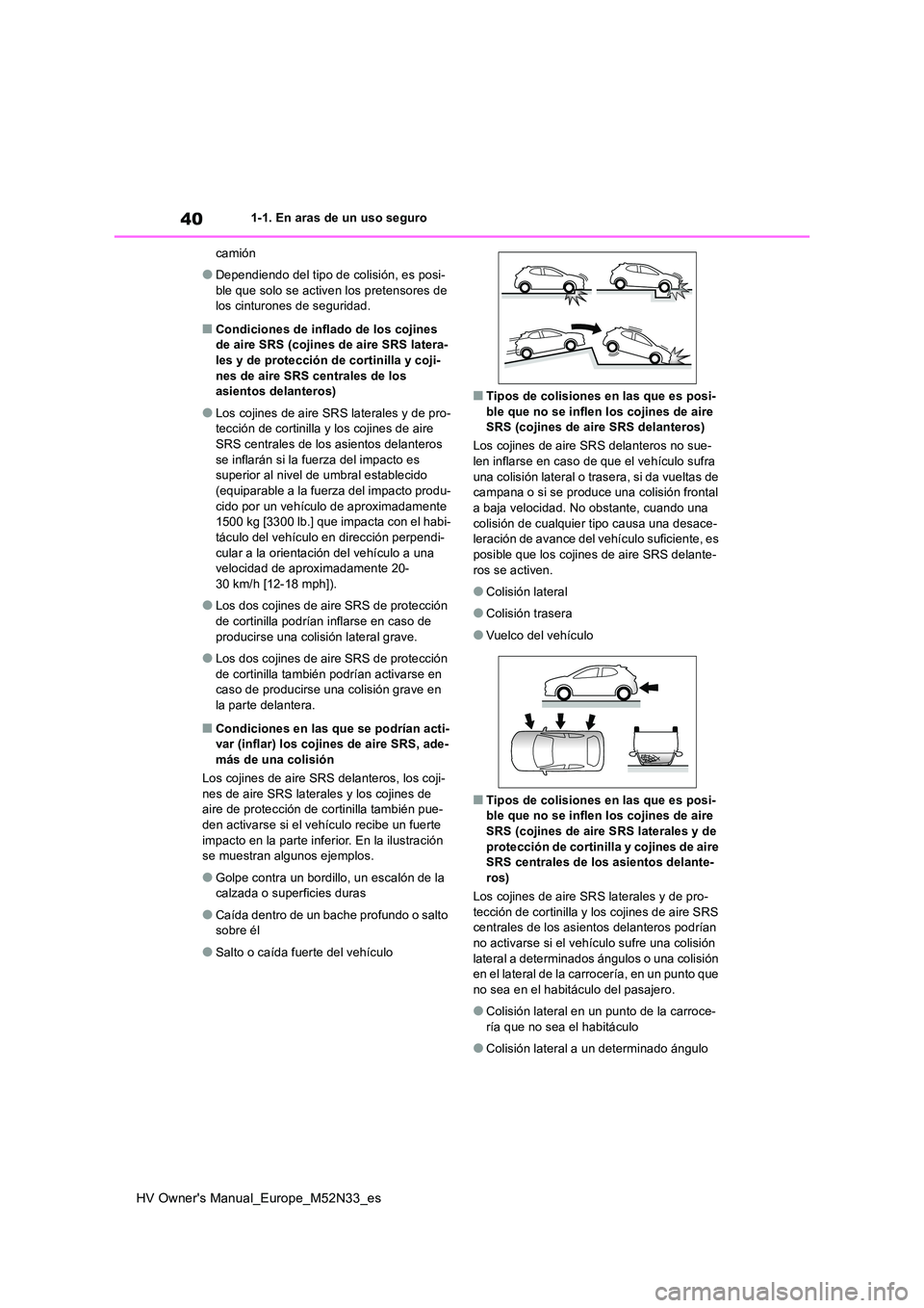 TOYOTA YARIS 2022  Manuale de Empleo (in Spanish) 40
HV Owner's Manual_Europe_M52N33_es
1-1. En aras de un uso seguro 
camión
●Dependiendo del tipo de colisión, es posi- 
ble que solo se activen los pretensores de  los cinturones de seguridad