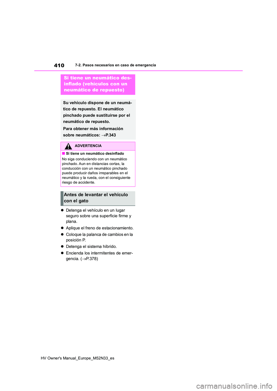 TOYOTA YARIS 2022  Manuale de Empleo (in Spanish) 410
HV Owner's Manual_Europe_M52N33_es
7-2. Pasos necesarios en caso de emergencia
Detenga el vehículo en un lugar  
seguro sobre una superficie firme y 
plana. 
 Aplique el freno de estaci