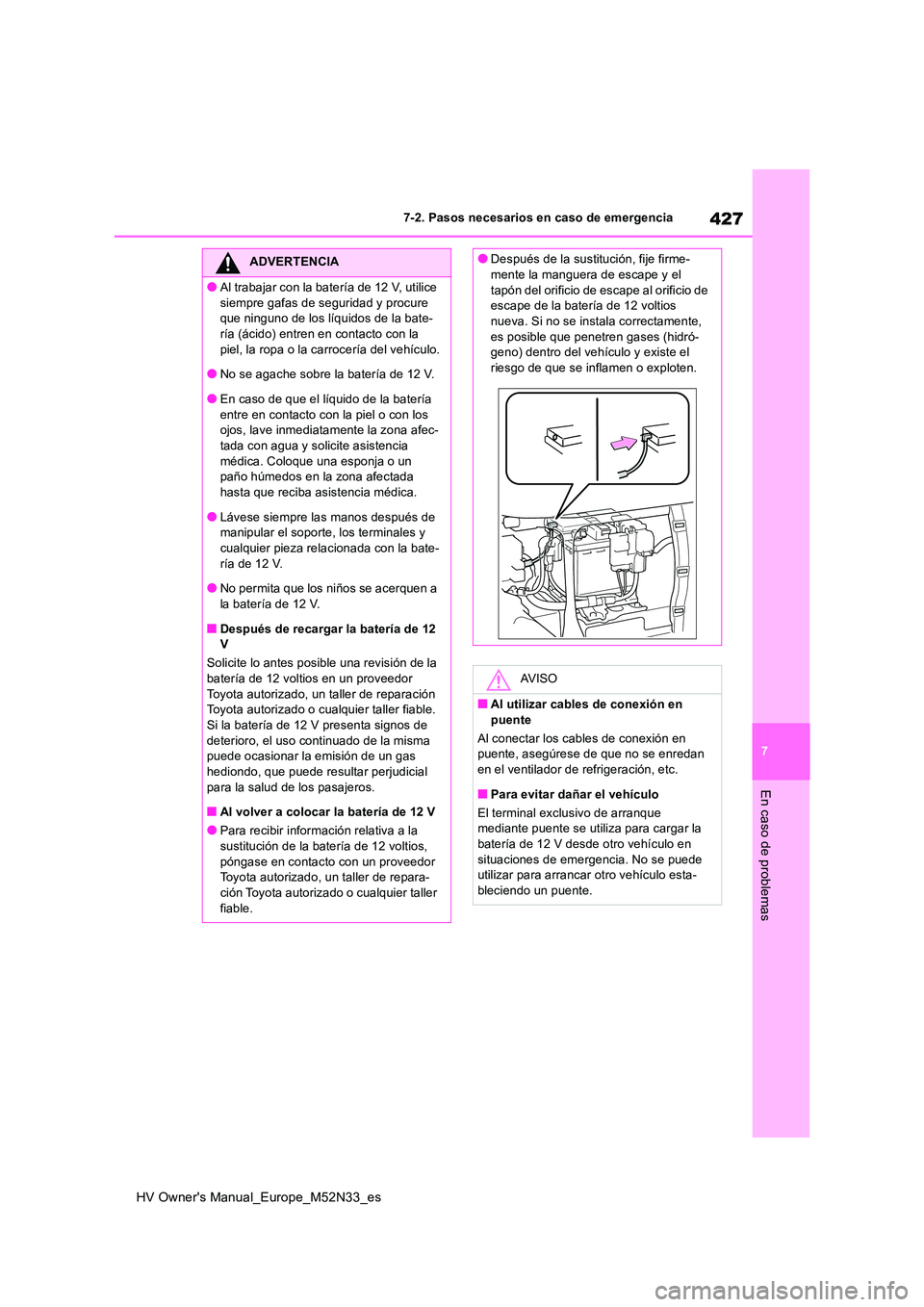 TOYOTA YARIS 2022 Manuale de Empleo (in Spanish) 427
7
HV Owner's Manual_Europe_M52N33_es
7-2. Pasos necesarios en caso de emergencia
En caso de problemas
ADVERTENCIA
●Al trabajar con la batería de 12 V, utilice
siempre gafas de seguridad y TOYOTA YARIS 2022 Manuale de Empleo (in Spanish) 427
7
HV Owner's Manual_Europe_M52N33_es
7-2. Pasos necesarios en caso de emergencia
En caso de problemas
ADVERTENCIA
●Al trabajar con la batería de 12 V, utilice
siempre gafas de seguridad y