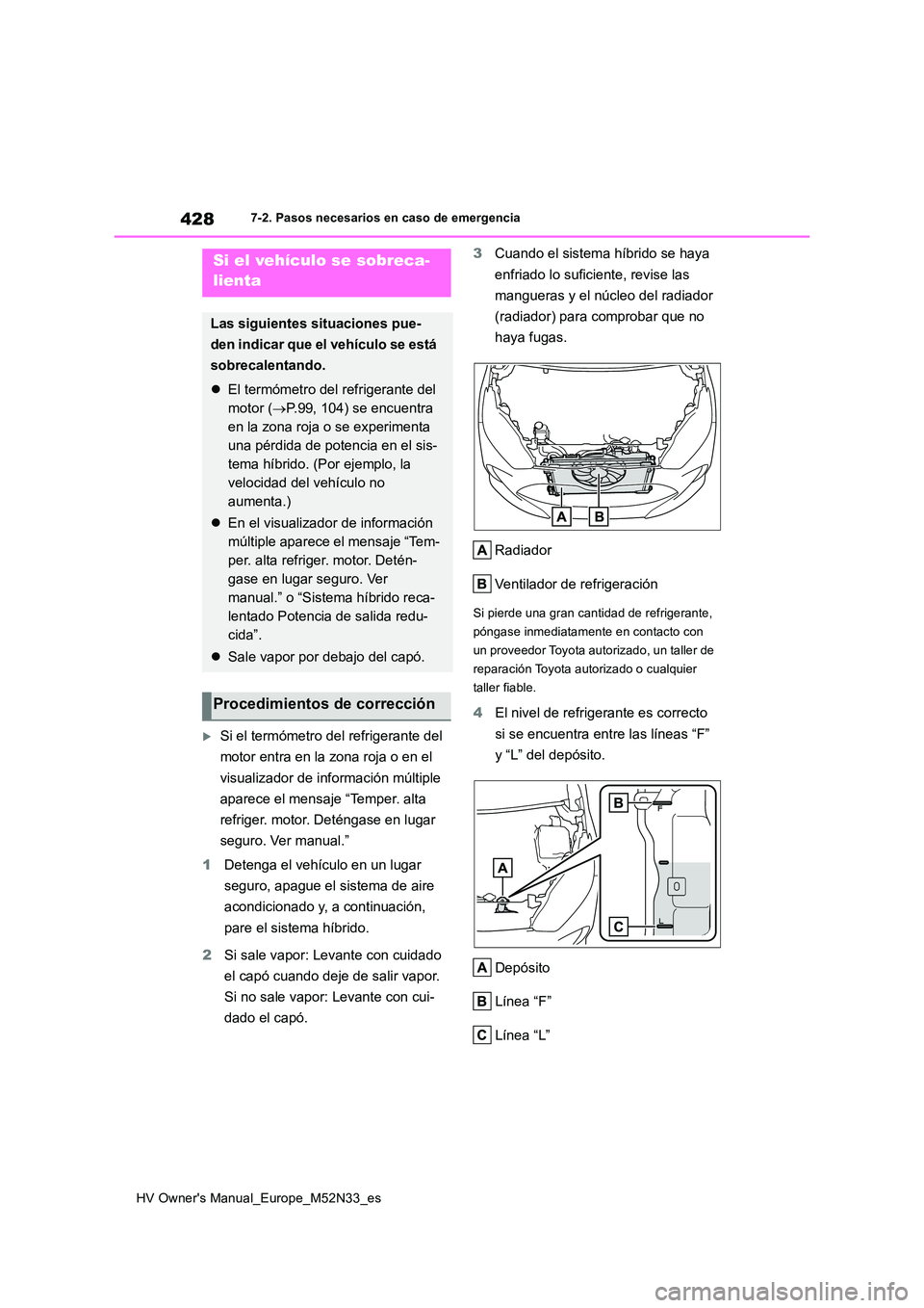 TOYOTA YARIS 2022 Manuale de Empleo (in Spanish) 428
HV Owner's Manual_Europe_M52N33_es
7-2. Pasos necesarios en caso de emergencia
Si el termómetro del refrigerante del
motor entra en la zona roja o en el
visualizador de información m TOYOTA YARIS 2022 Manuale de Empleo (in Spanish) 428
HV Owner's Manual_Europe_M52N33_es
7-2. Pasos necesarios en caso de emergencia
Si el termómetro del refrigerante del
motor entra en la zona roja o en el
visualizador de información m